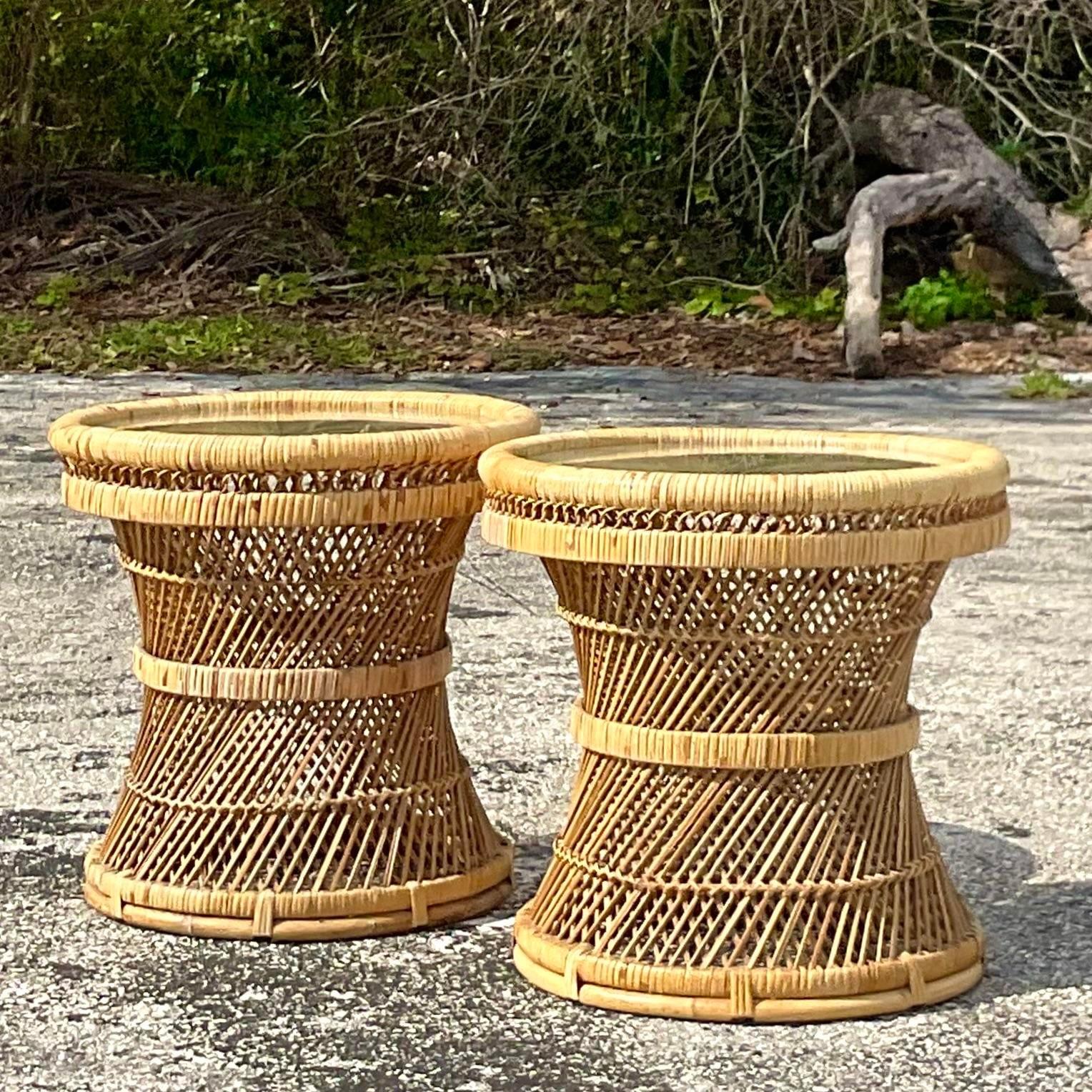 Late 20th Century Vintage Coastal Woven Rattan Drink Tables - a Pair For Sale 2