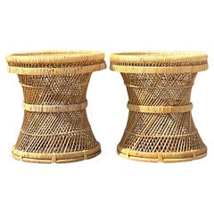 Late 20th Century Vintage Coastal Woven Rattan Drink Tables - a Pair