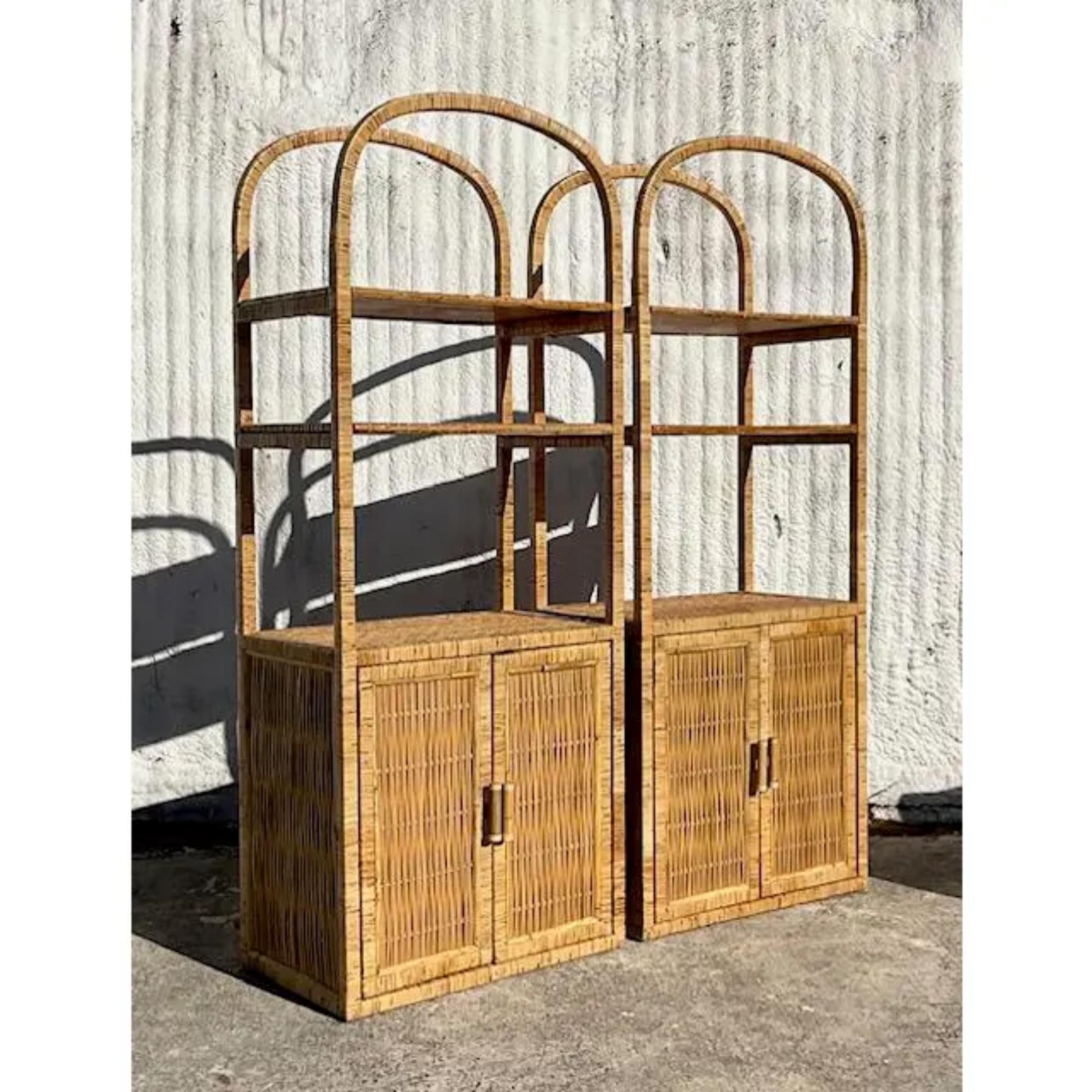 Late 20th Century Vintage Coastal Woven Rattan Etagere - a Pair In Good Condition In west palm beach, FL