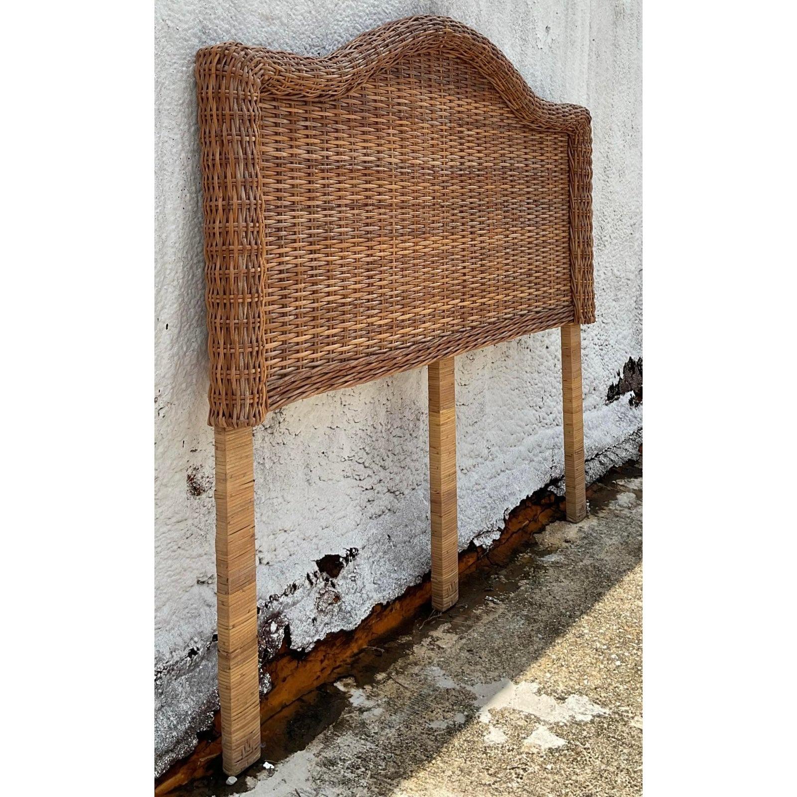 Late 20th Century Vintage Coastal Woven Rattan Full Headboard In Good Condition For Sale In west palm beach, FL