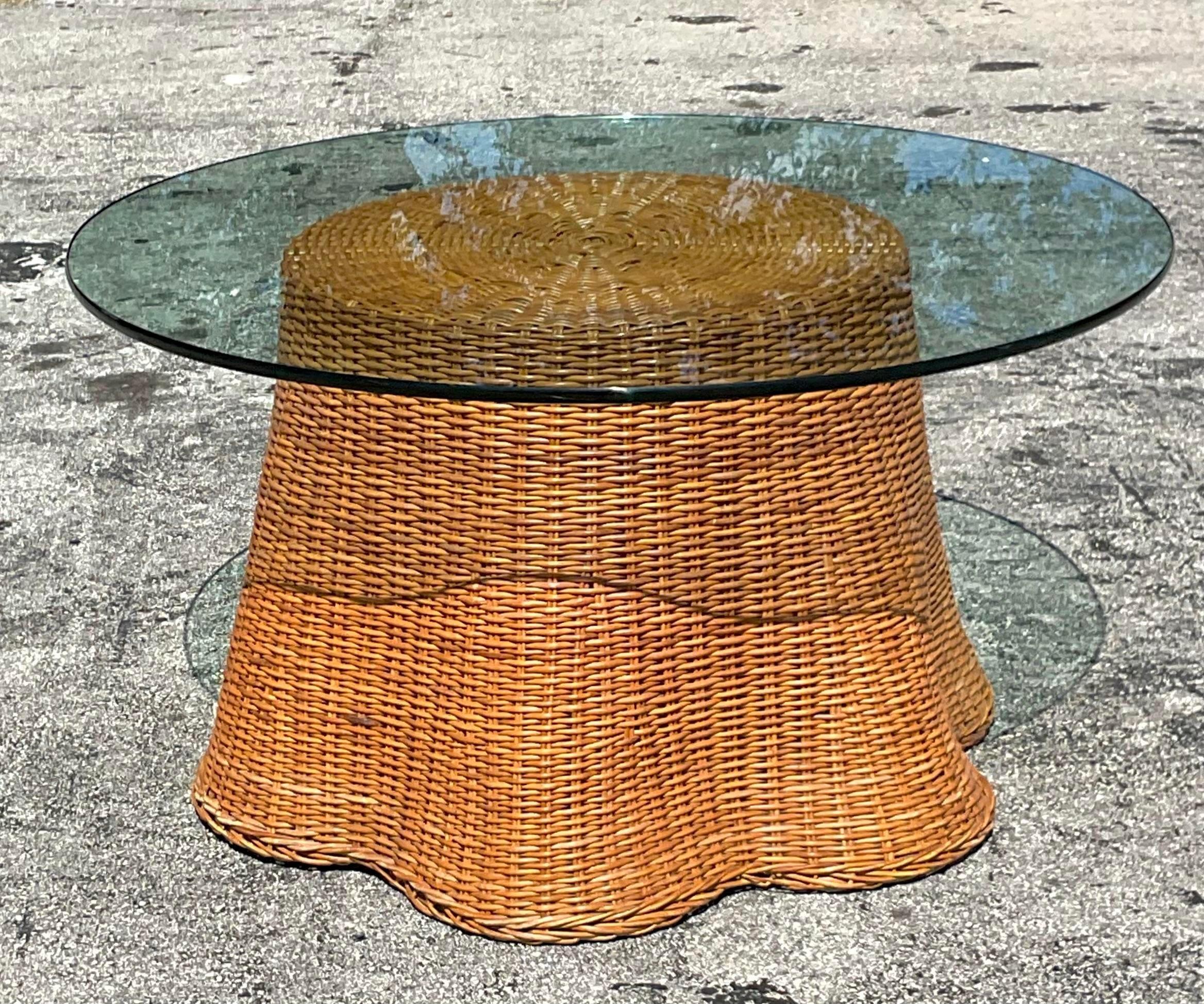 Late 20th Century Vintage Coastal Woven Rattan Ghost Center Hall Table In Good Condition For Sale In west palm beach, FL