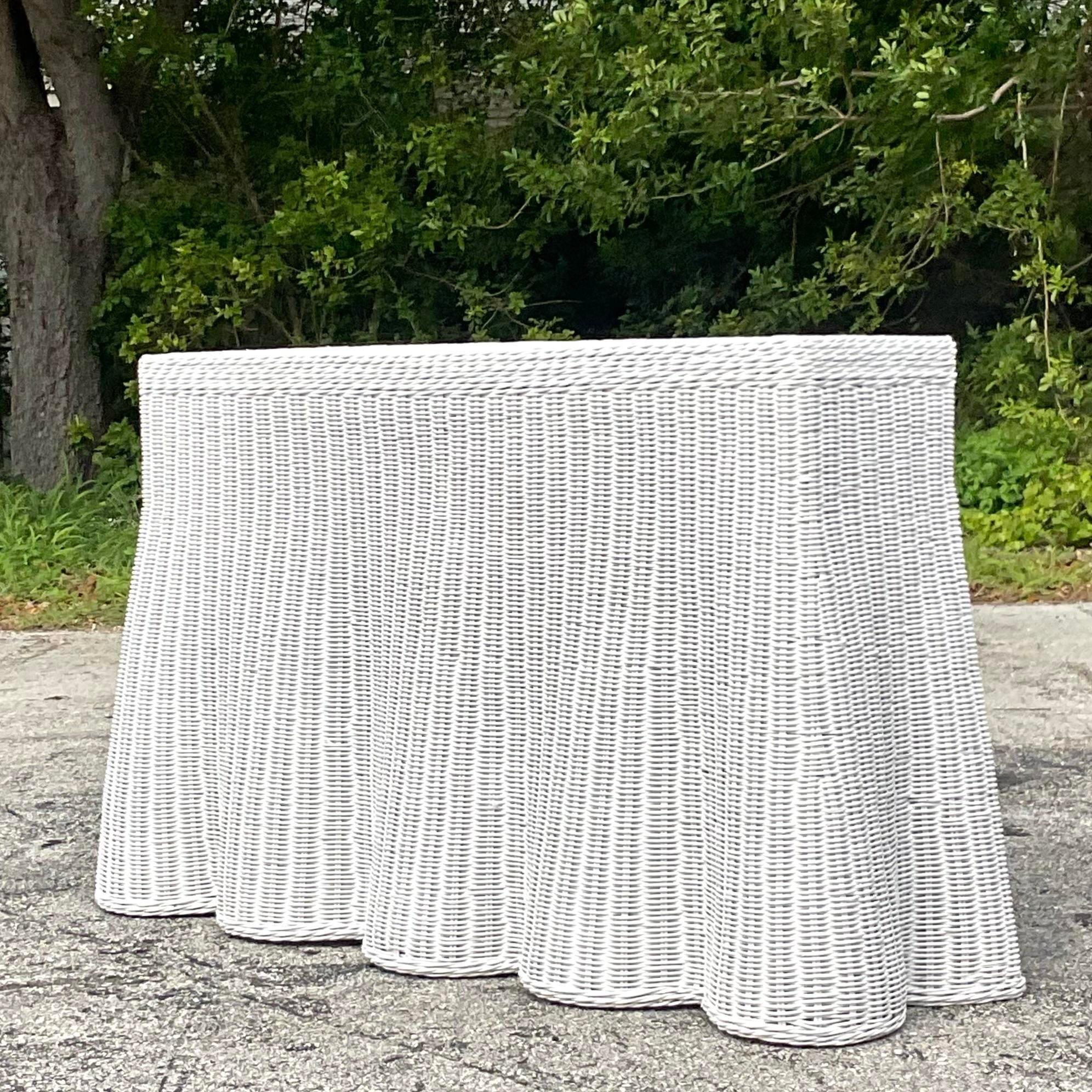 Late 20th Century Vintage Coastal Woven Rattan Ghost Console Table For Sale 3