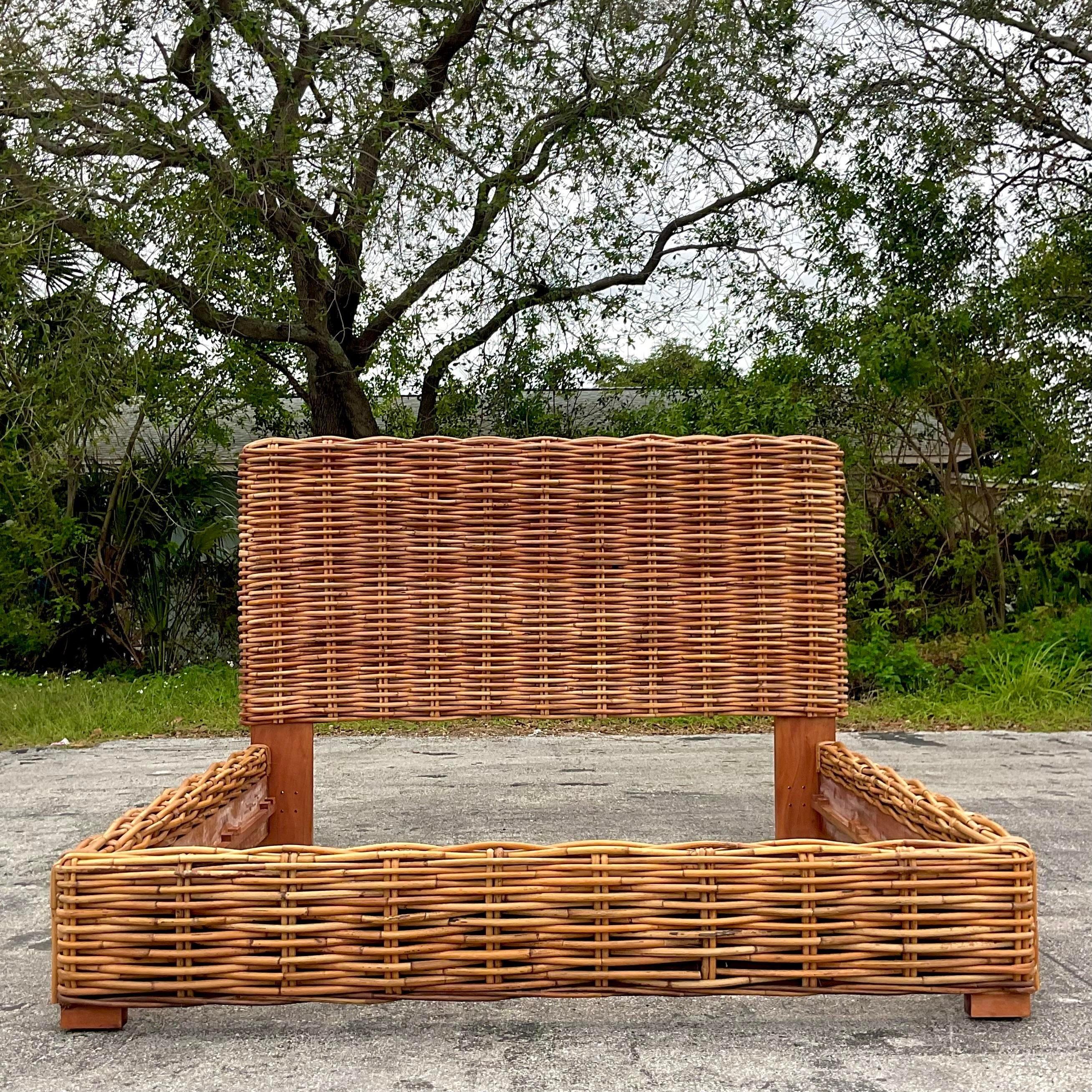 Late 20th Century Vintage Coastal Woven Rattan King Bed Frame In Good Condition For Sale In west palm beach, FL