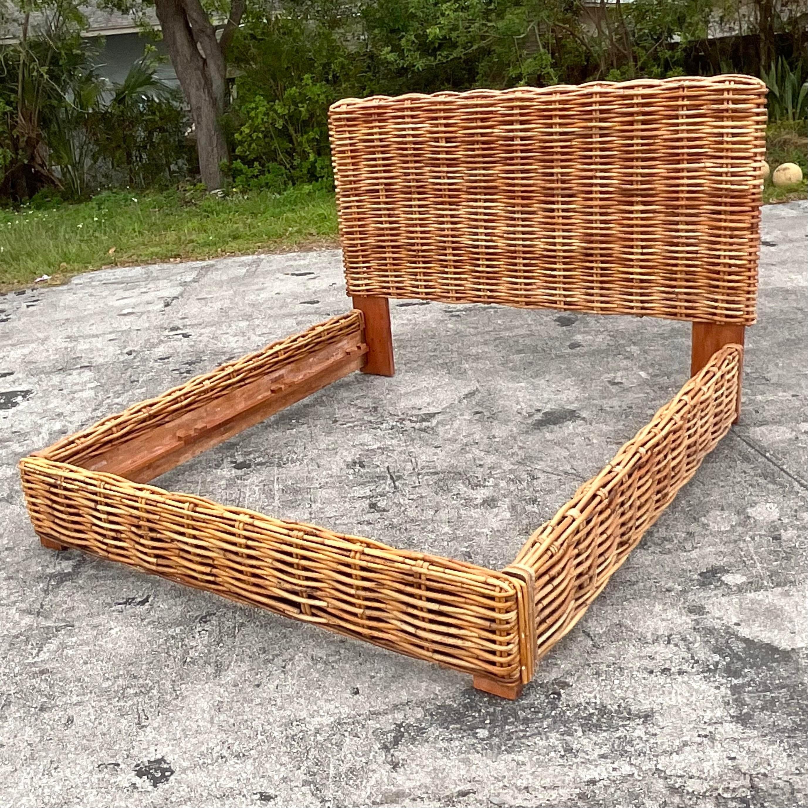 Metal Late 20th Century Vintage Coastal Woven Rattan King Bed Frame For Sale