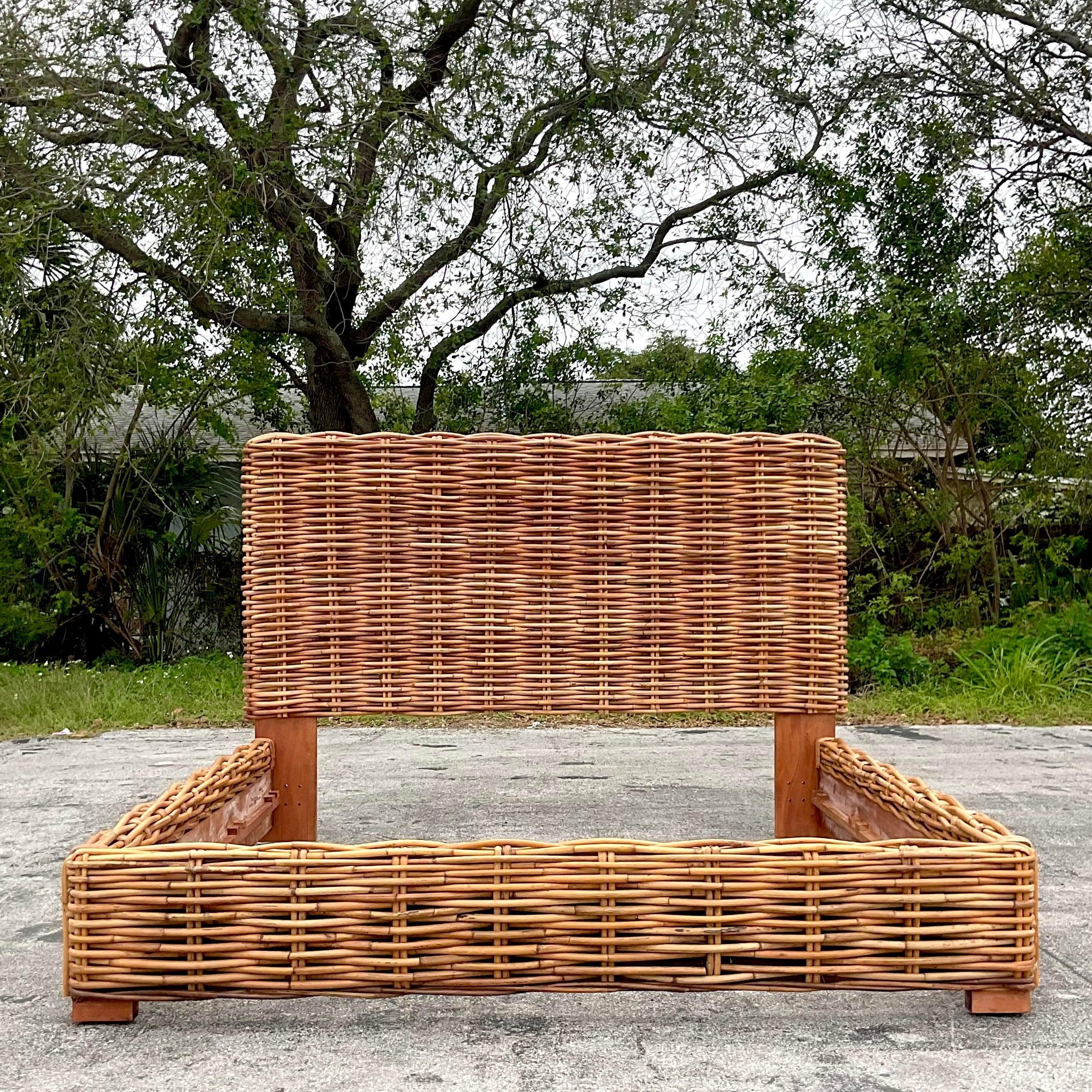 Late 20th Century Vintage Coastal Woven Rattan King Bed Frame For Sale 1