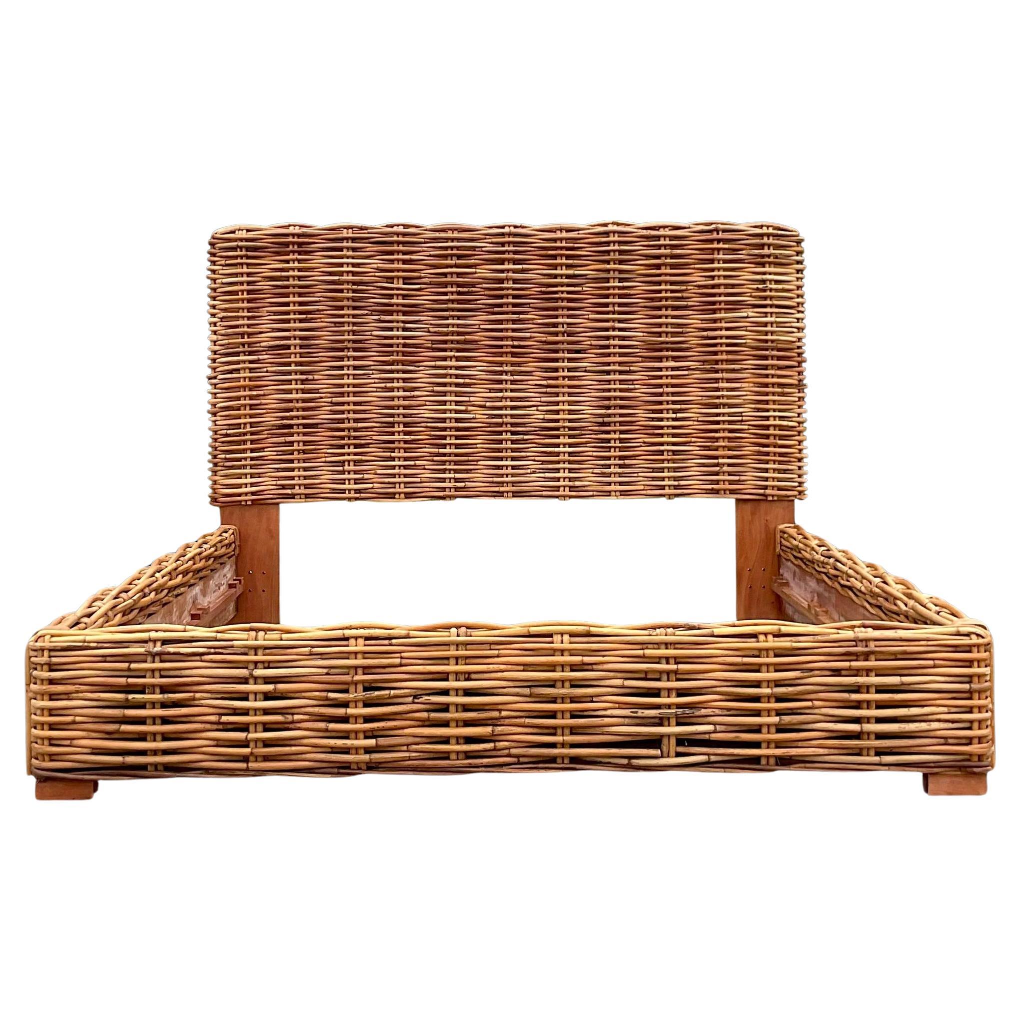 Late 20th Century Vintage Coastal Woven Rattan King Bed Frame For Sale