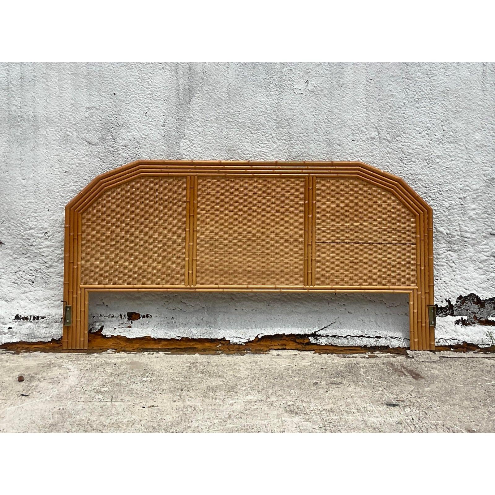 Late 20th Century Vintage Coastal Woven Rattan King Headboard In Good Condition In west palm beach, FL