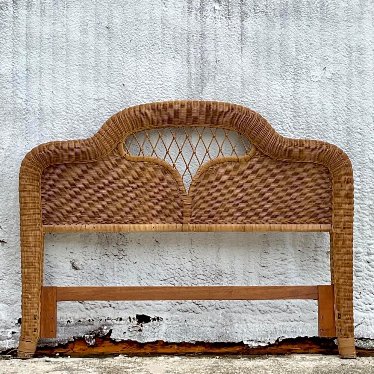 Late 20th Century Vintage Coastal Woven Rattan Lattice Queen Headboard