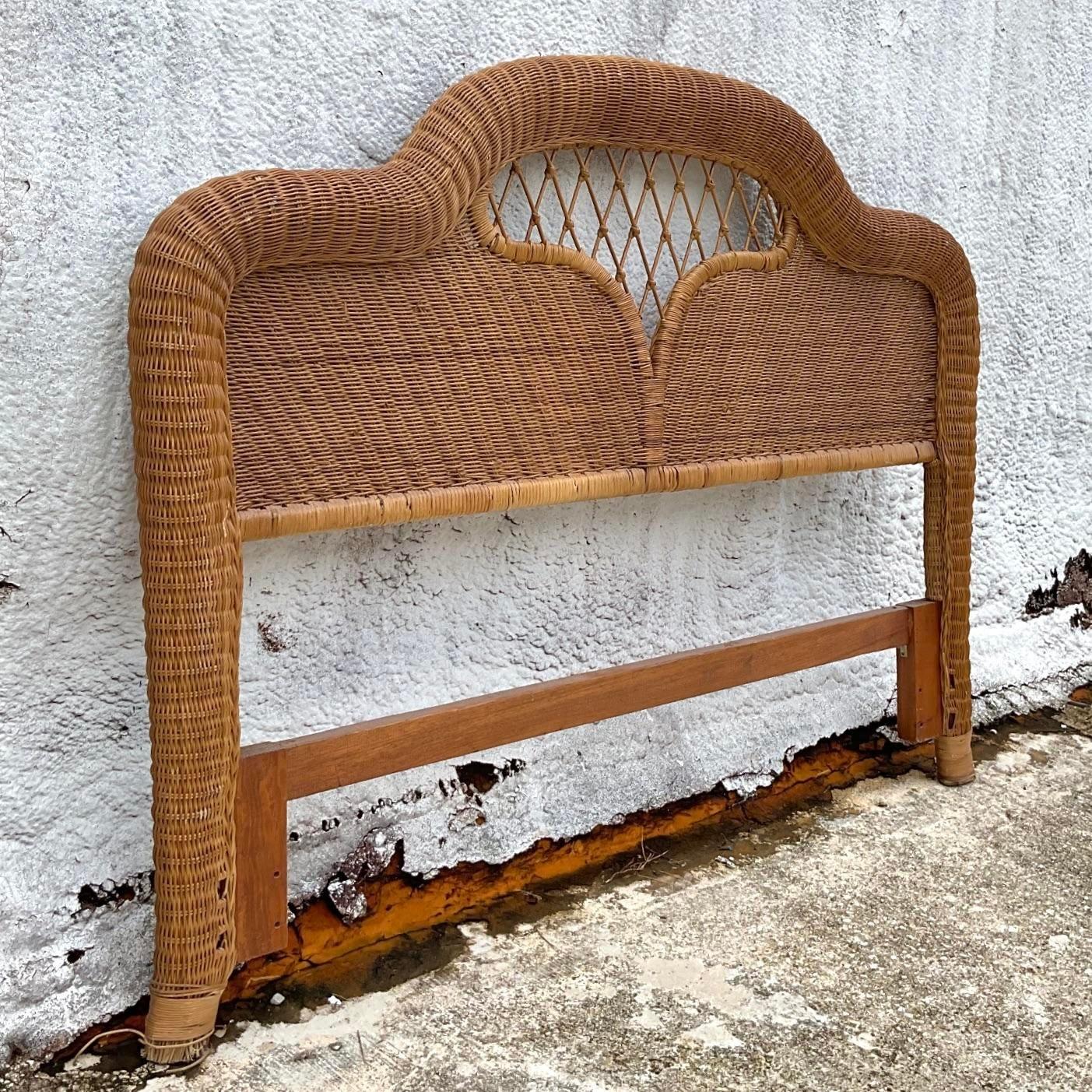 Late 20th Century Vintage Coastal Woven Rattan Lattice Queen Headboard