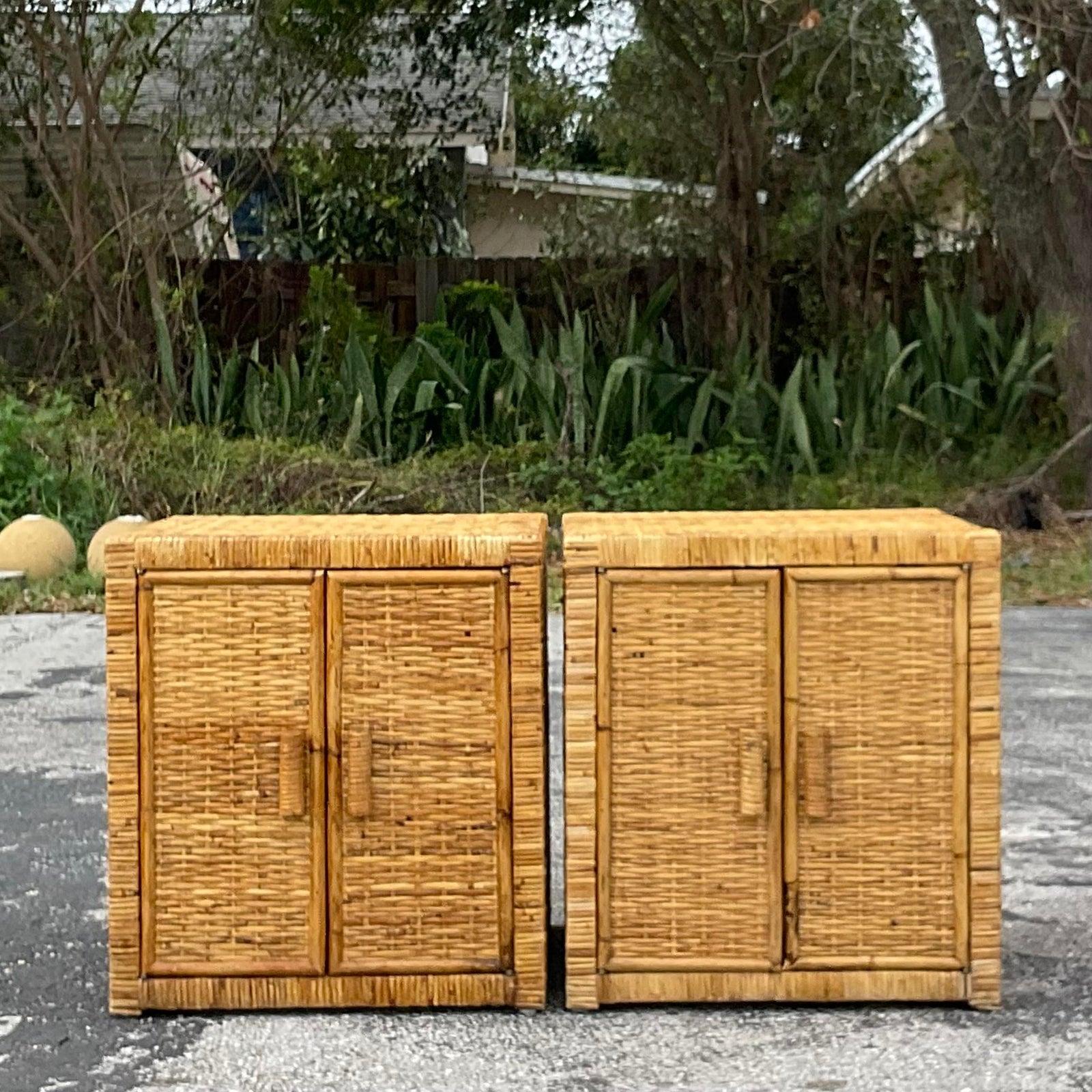 A fabulous pair of vintage Coastal nightstands. A clean and chic design with a double door frame. Lots of great storage inside. Perfect as end tables also! Acquired from a Palm Beach estate.