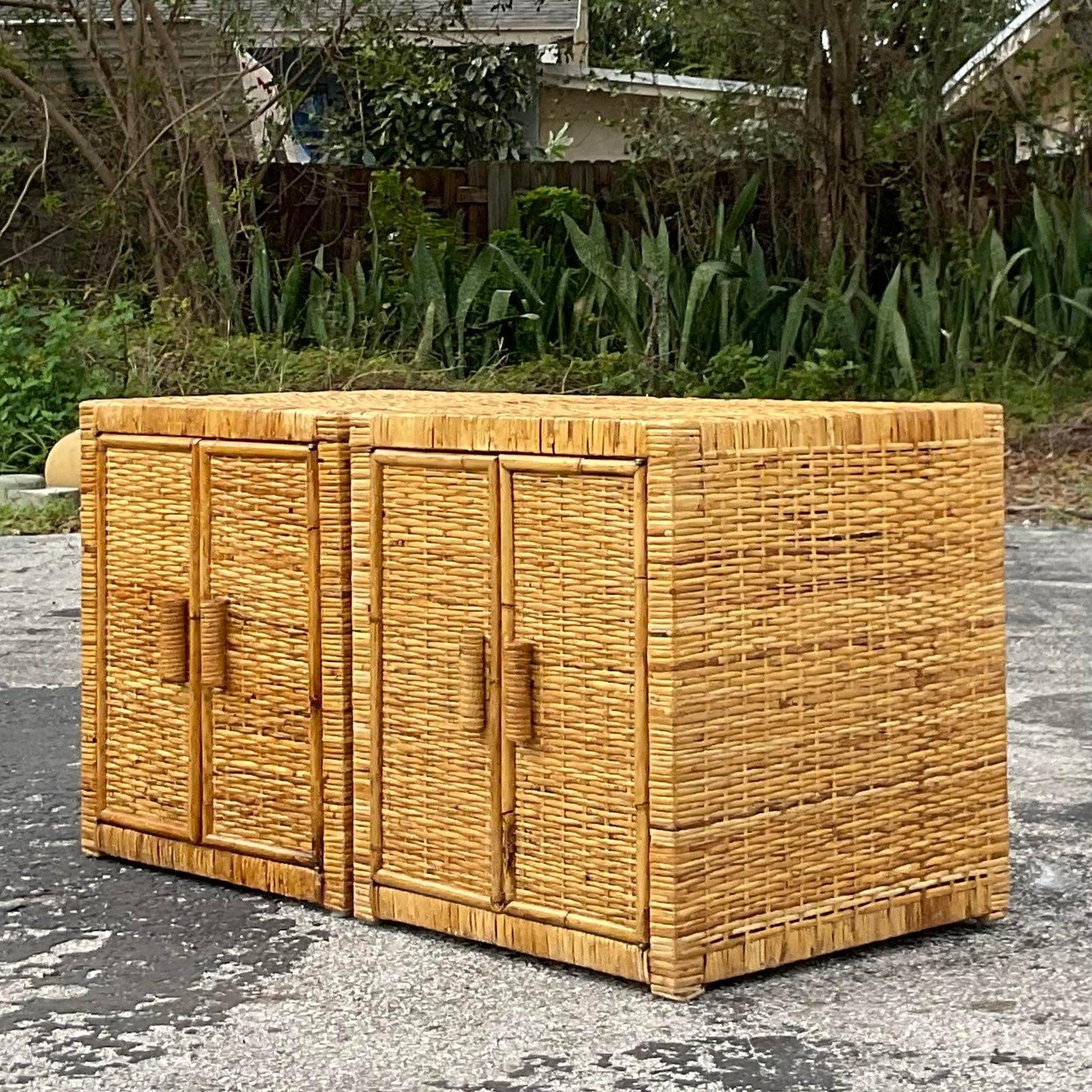 Philippine Late 20th Century Vintage Coastal Woven Rattan Nightstands - a Pair