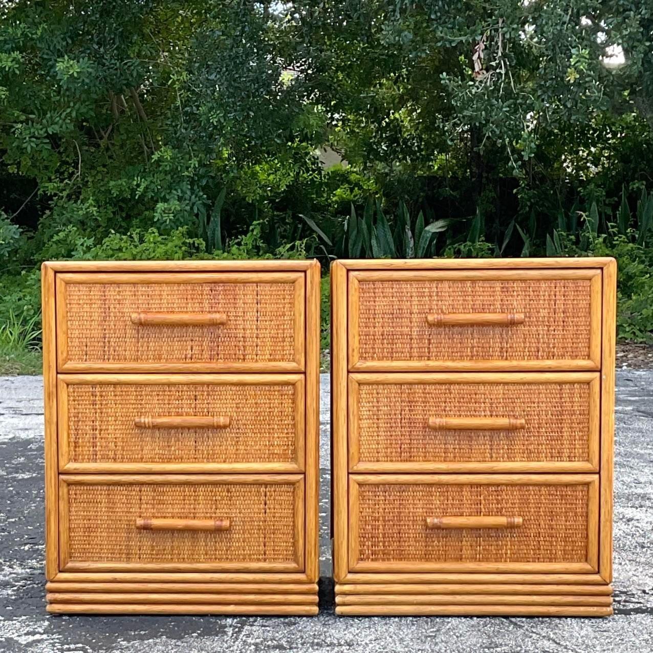Late 20th Century Vintage Coastal Woven Rattan Nightstands - a Pair In Good Condition In west palm beach, FL