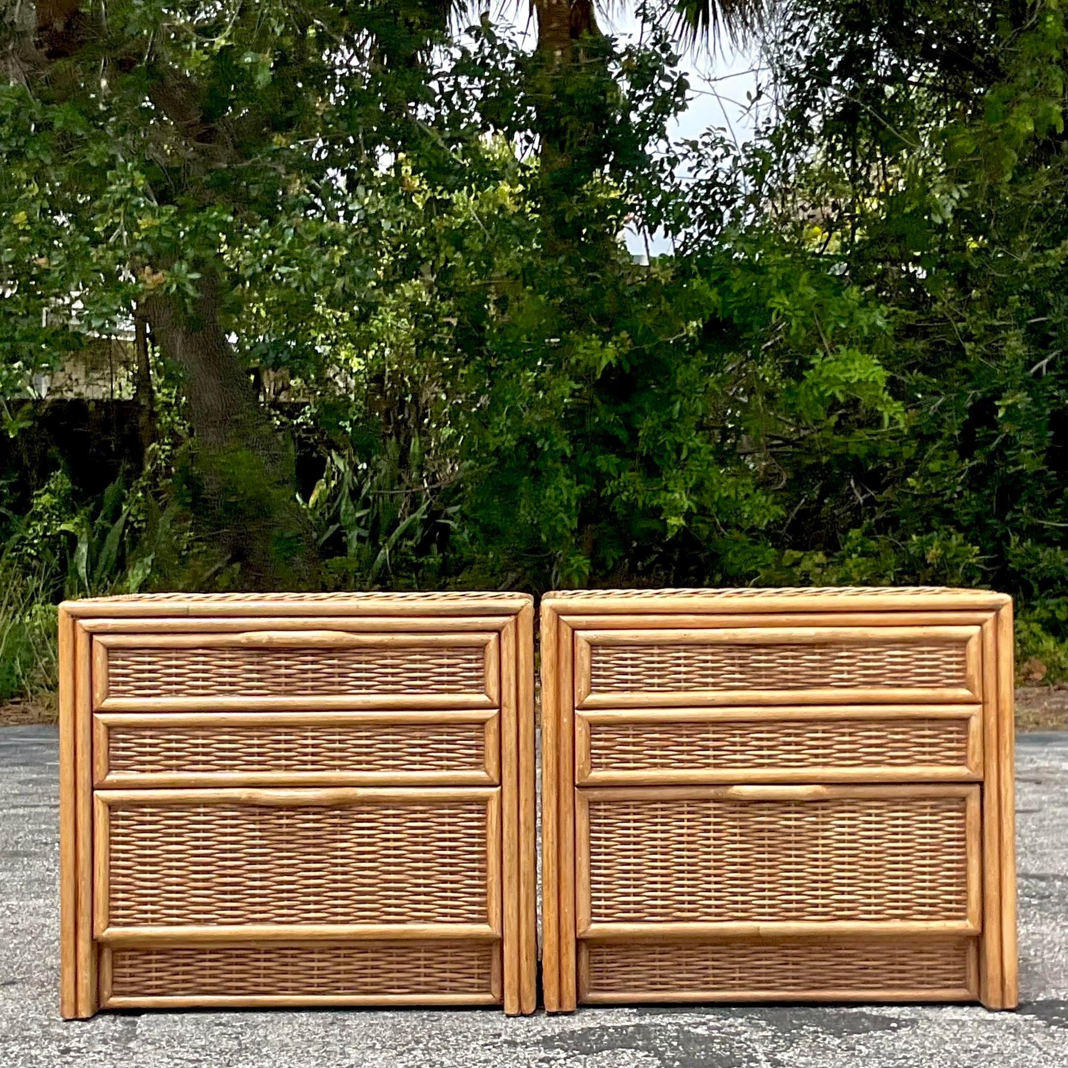 Late 20th Century Vintage Coastal Woven Rattan Nightstands - a Pair In Good Condition For Sale In west palm beach, FL