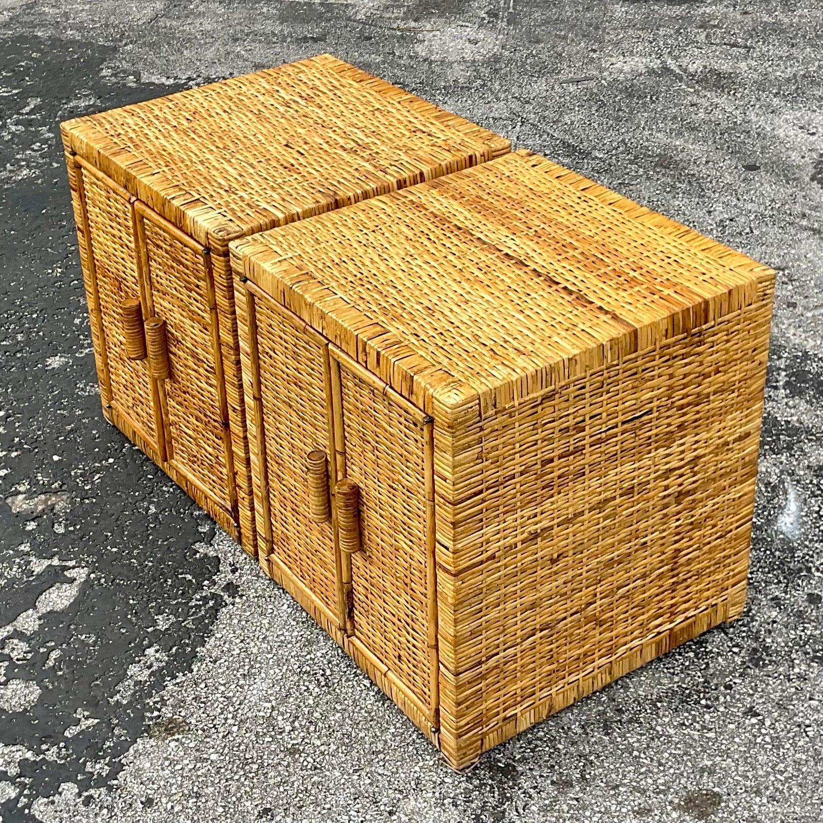 Late 20th Century Vintage Coastal Woven Rattan Nightstands - a Pair In Good Condition In west palm beach, FL