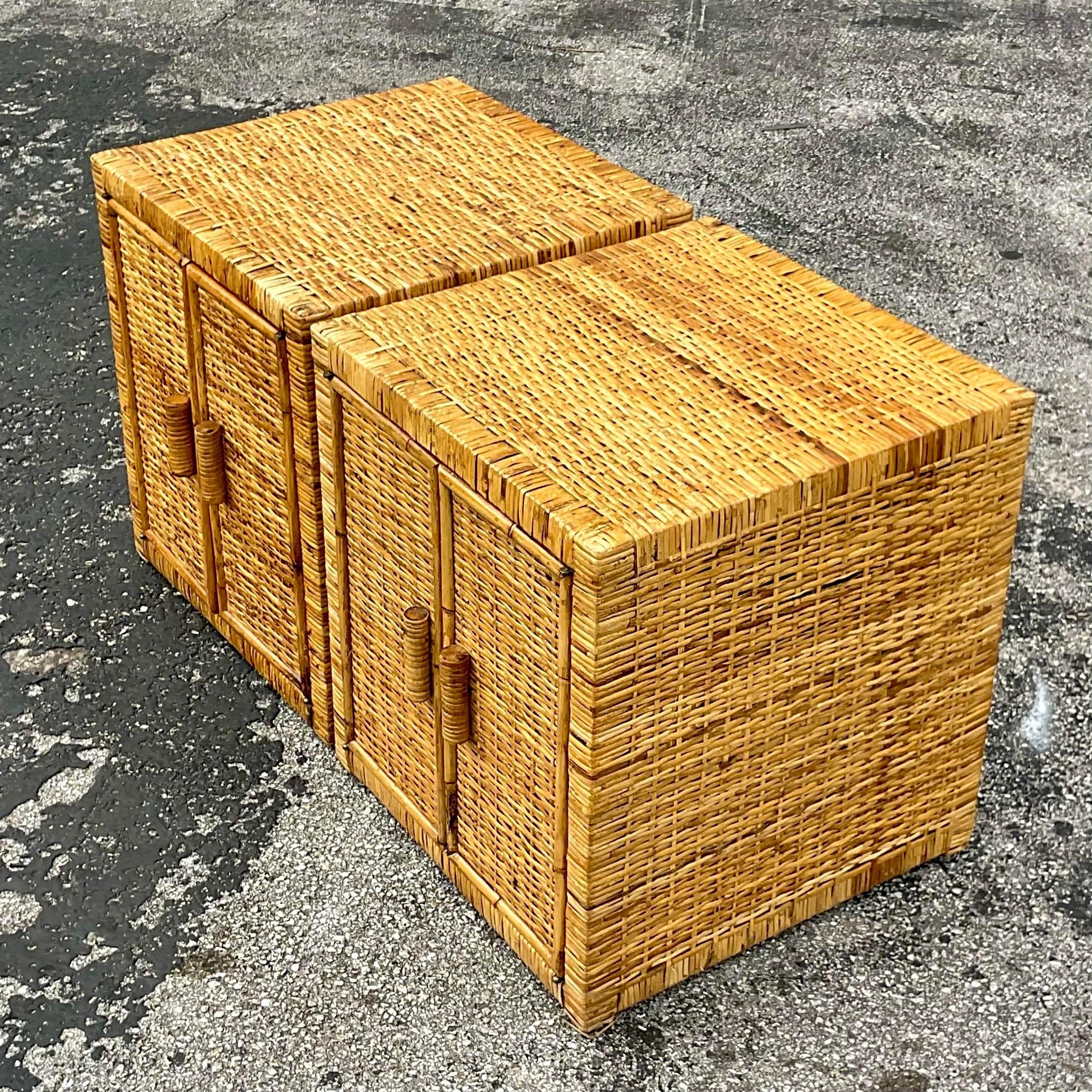 Late 20th Century Vintage Coastal Woven Rattan Nightstands - a Pair For Sale 1
