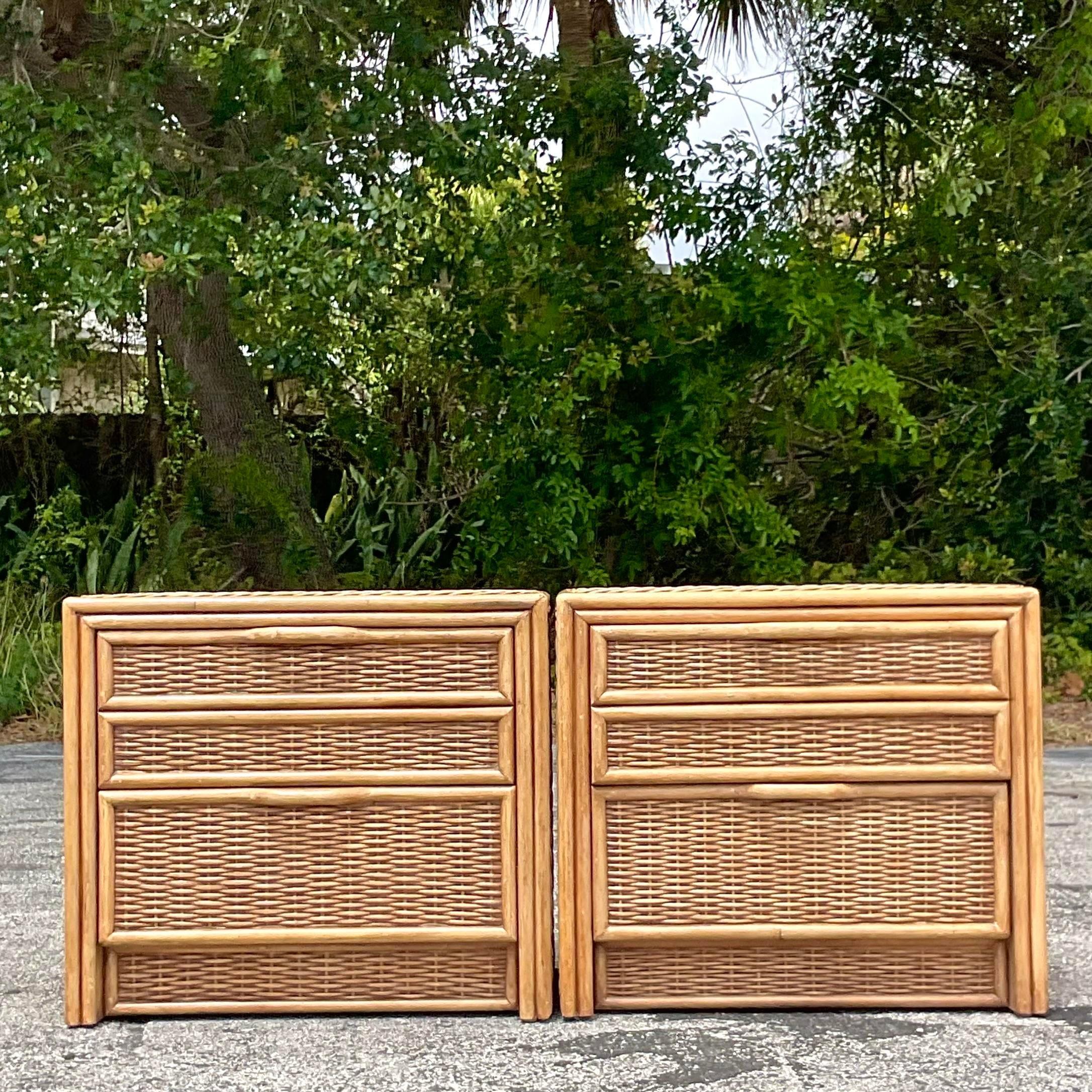 Late 20th Century Vintage Coastal Woven Rattan Nightstands - a Pair For Sale 1