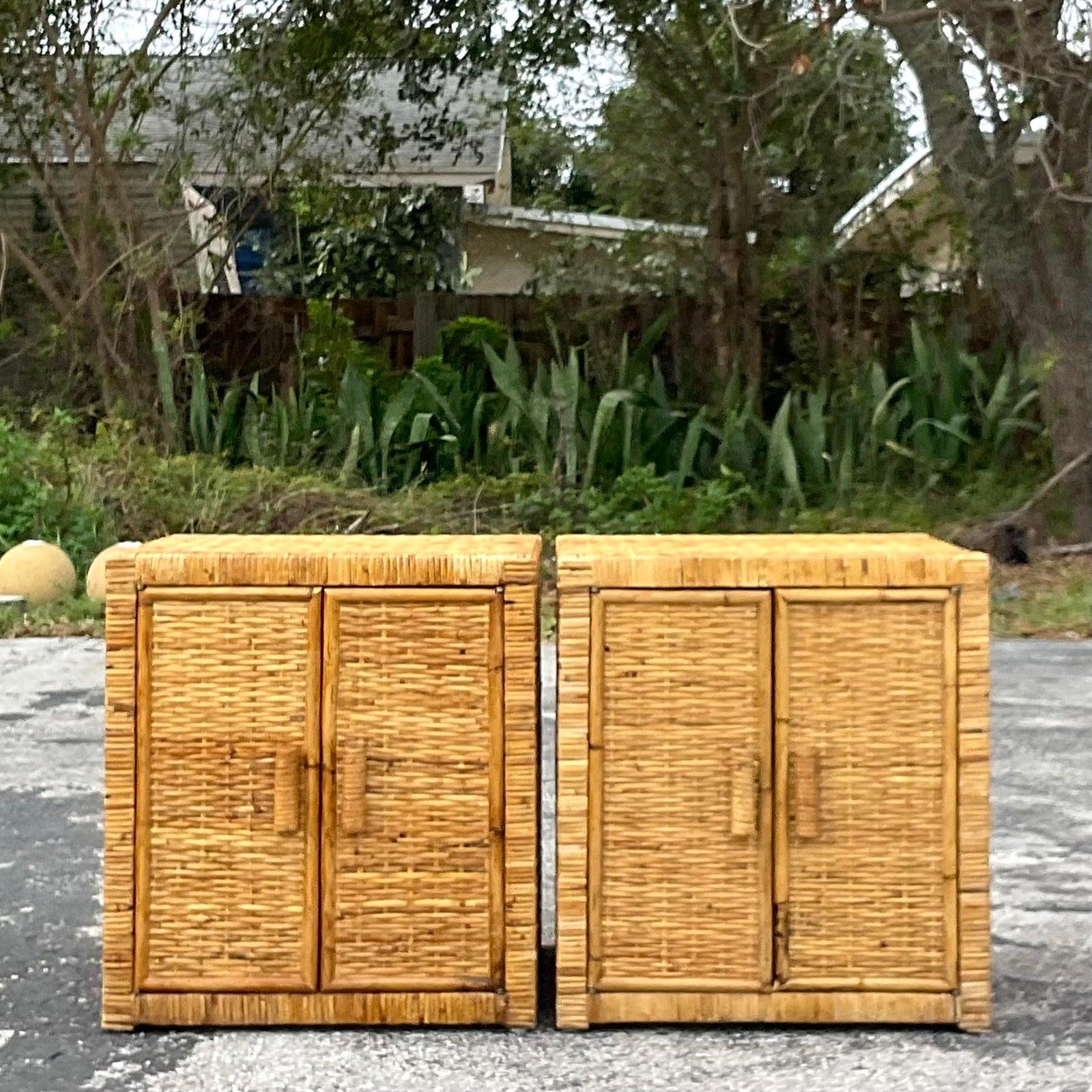 Late 20th Century Vintage Coastal Woven Rattan Nightstands - a Pair 1