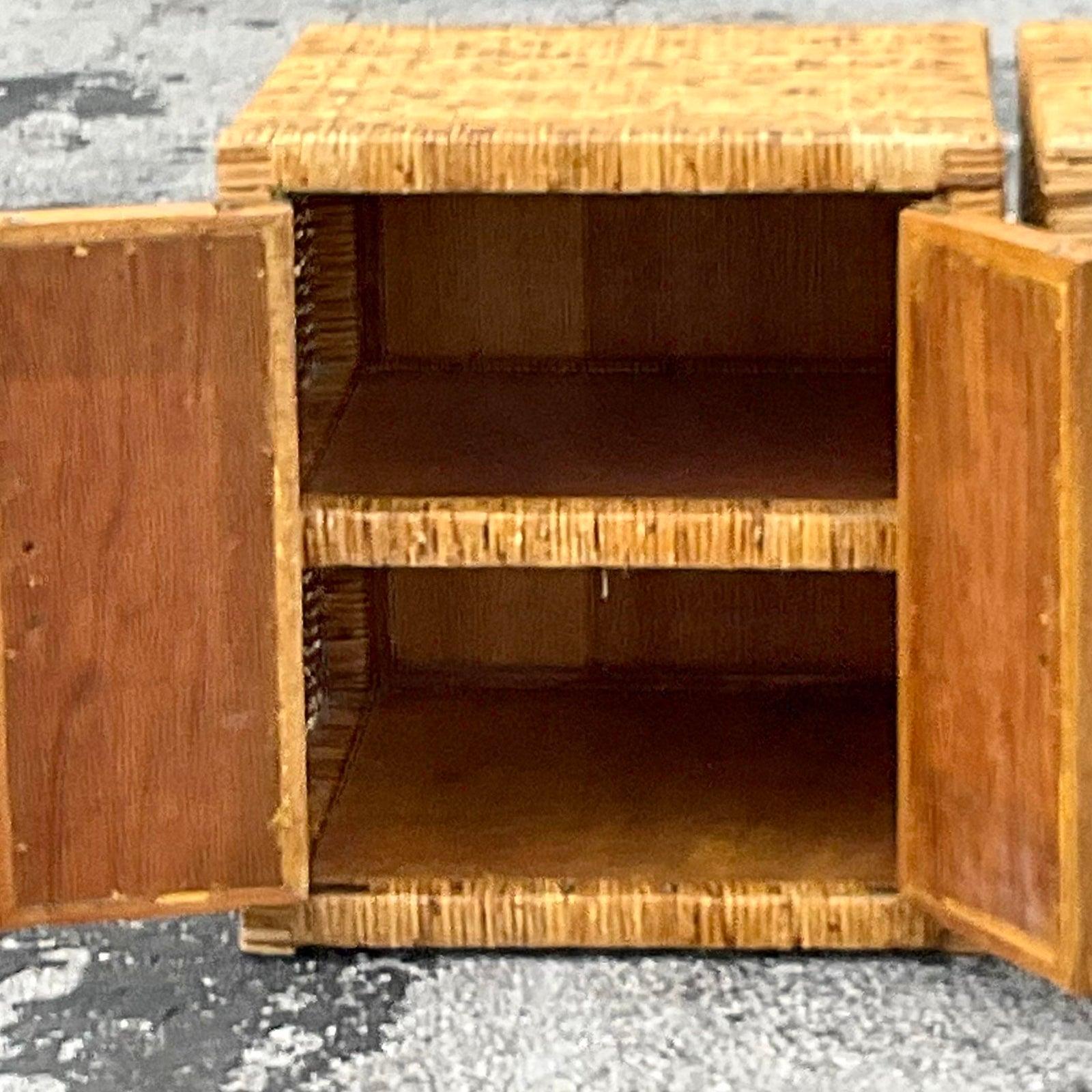 Late 20th Century Vintage Coastal Woven Rattan Nightstands - a Pair 2