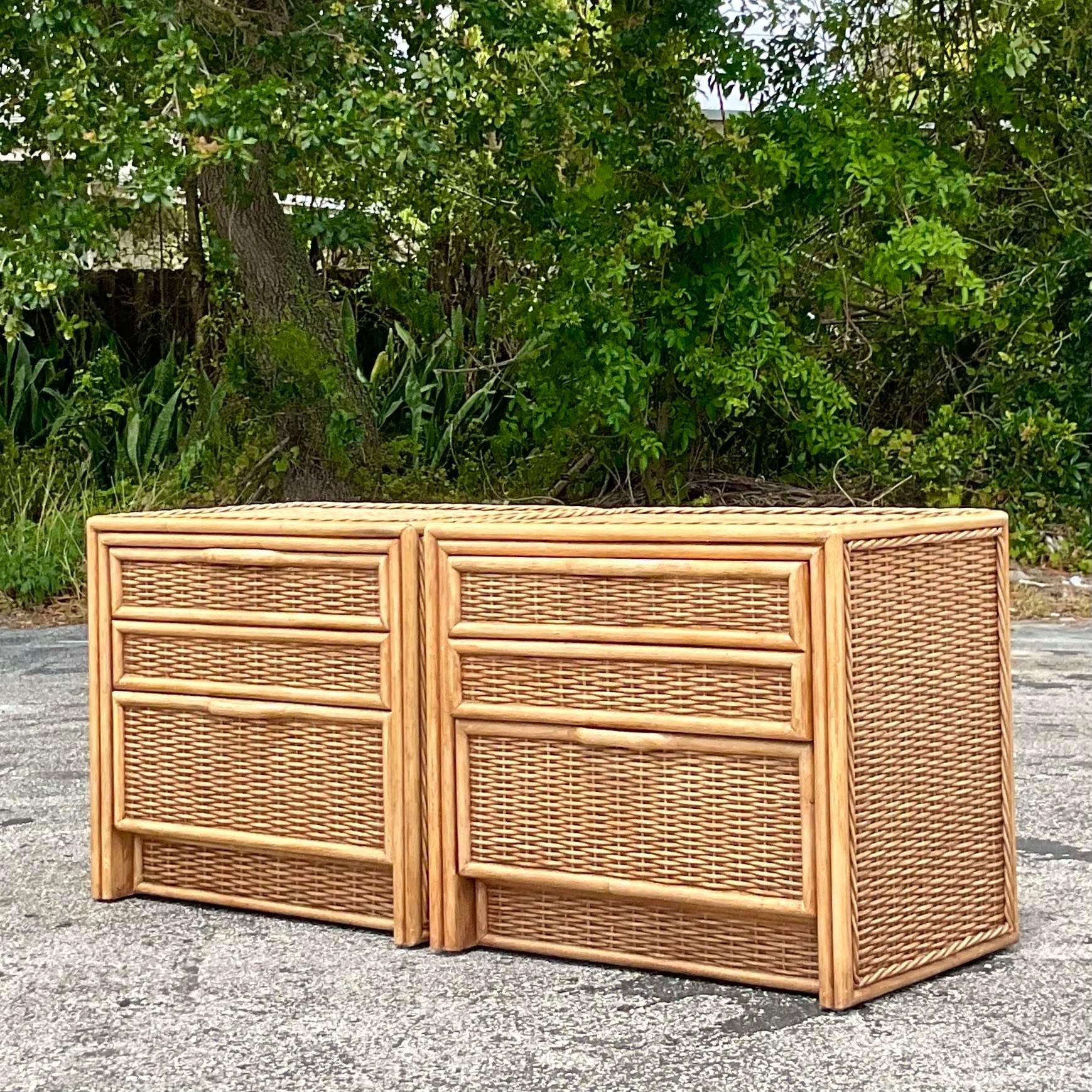 Late 20th Century Vintage Coastal Woven Rattan Nightstands - a Pair For Sale 3