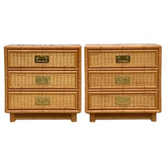 Late 20th Century Vintage Coastal Woven Rattan Nightstands - a Pair