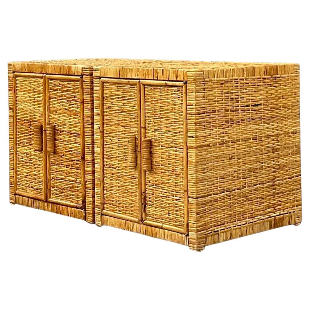 Late 20th Century Vintage Coastal Woven Rattan Nightstands - a Pair For Sale