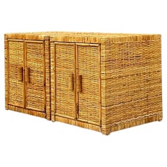 Late 20th Century Retro Coastal Woven Rattan Nightstands - a Pair