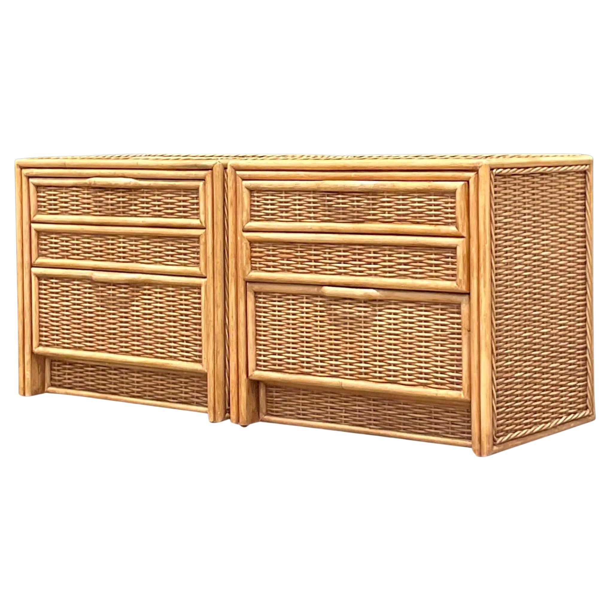 Late 20th Century Vintage Coastal Woven Rattan Nightstands - a Pair