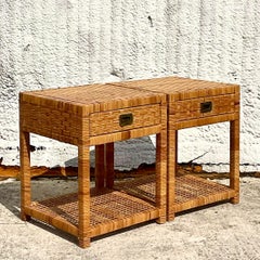 Late 20th Century Vintage Coastal Woven Rattan Nightstands - a Pair