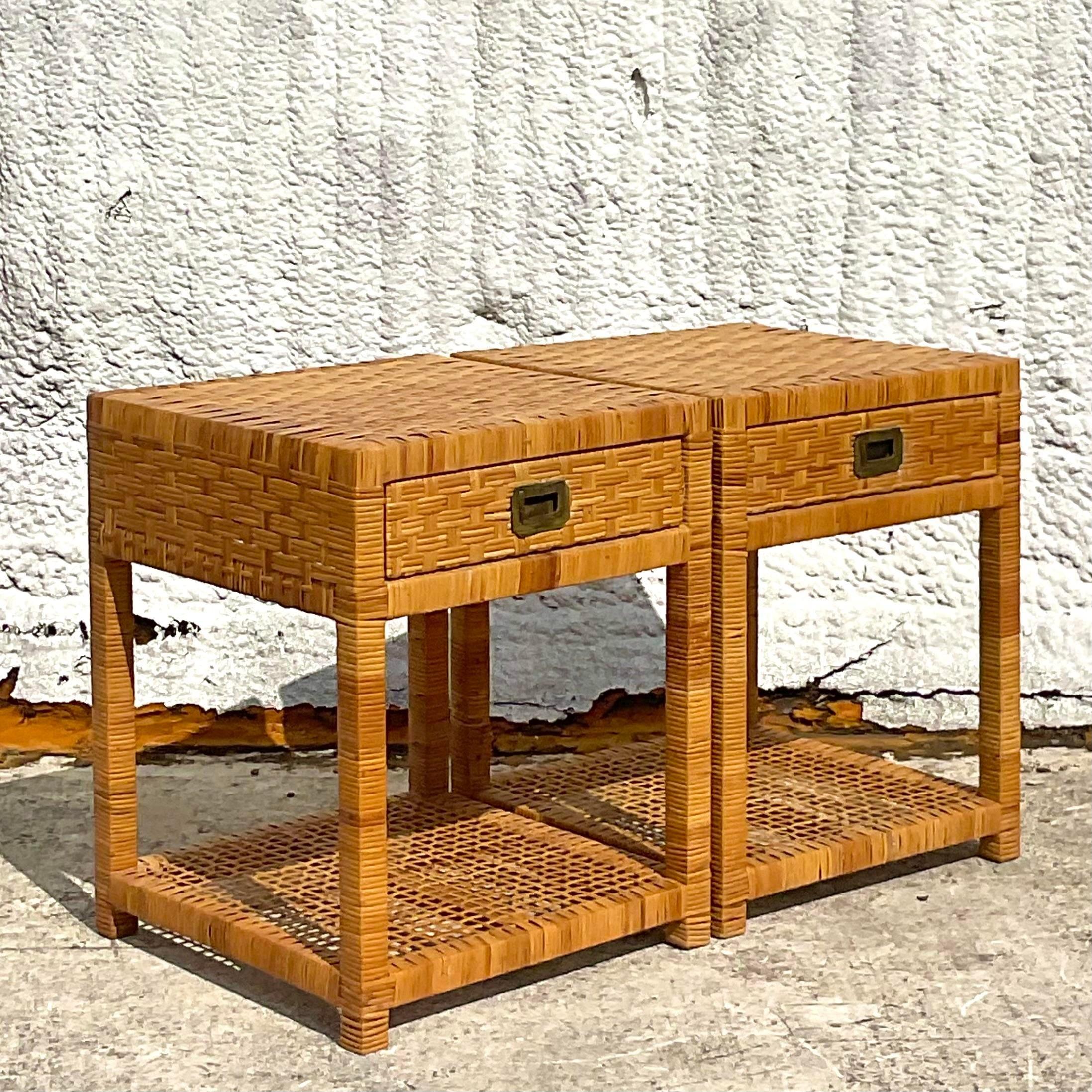 American Late 20th Century Vintage Coastal Woven Rattan Nightstands - a Pair For Sale