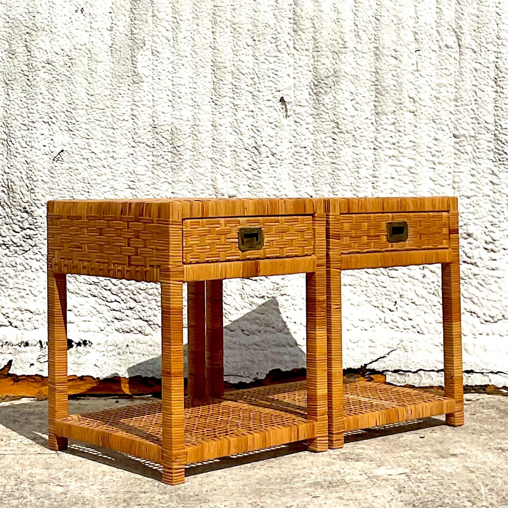 Late 20th Century Vintage Coastal Woven Rattan Nightstands - a Pair In Good Condition For Sale In west palm beach, FL