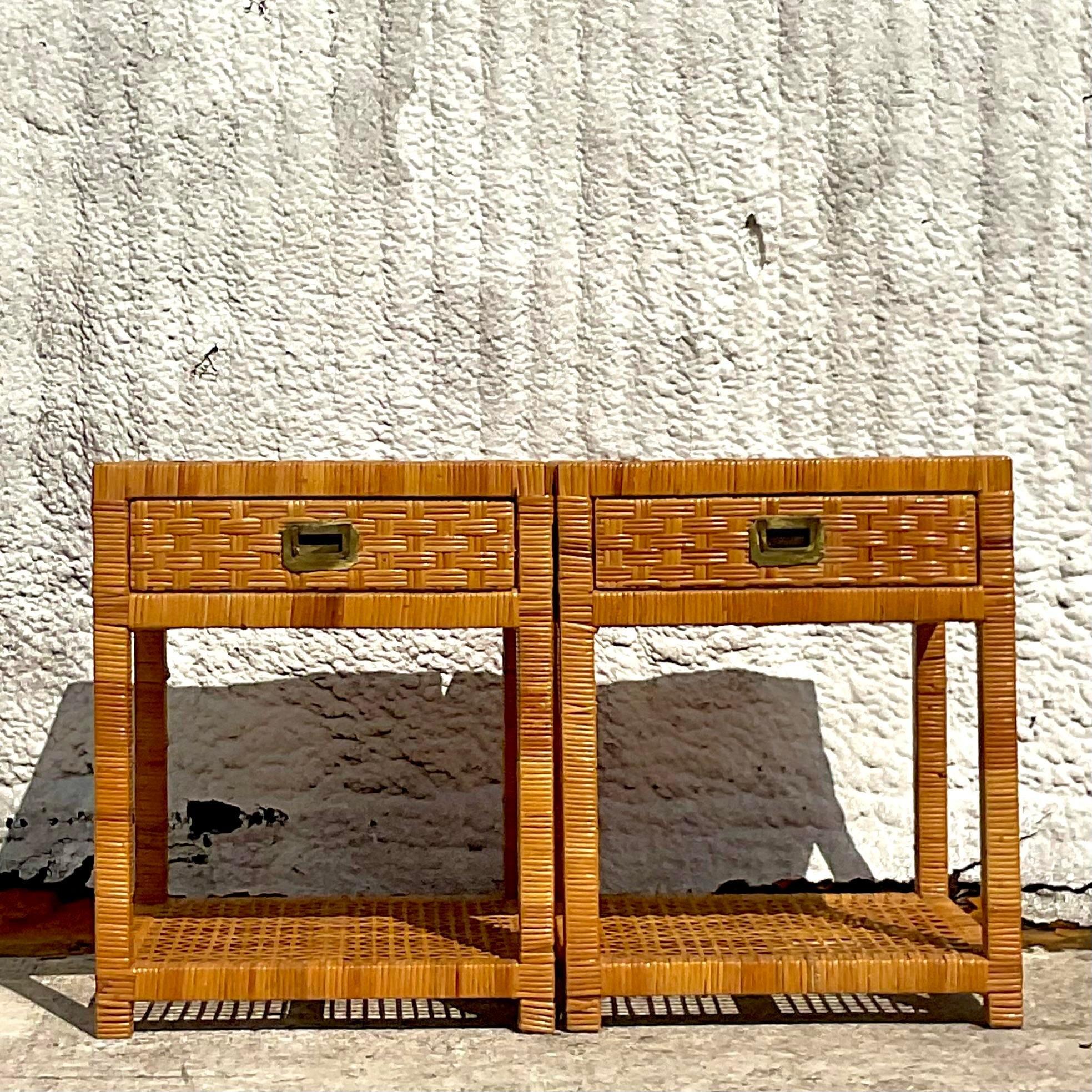 Late 20th Century Vintage Coastal Woven Rattan Nughtstands - a Pair For Sale 1