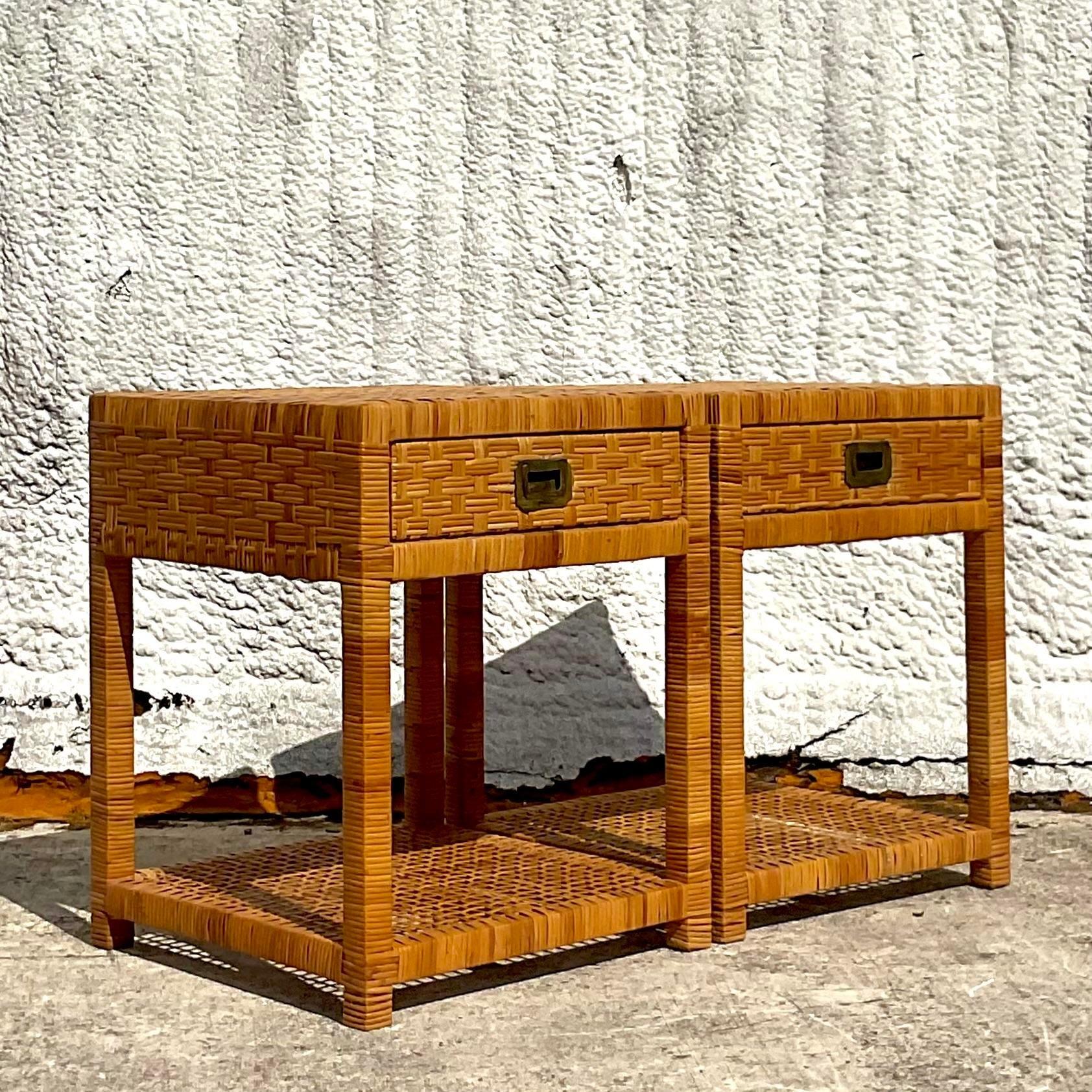 Late 20th Century Vintage Coastal Woven Rattan Nightstands - a Pair For Sale 2