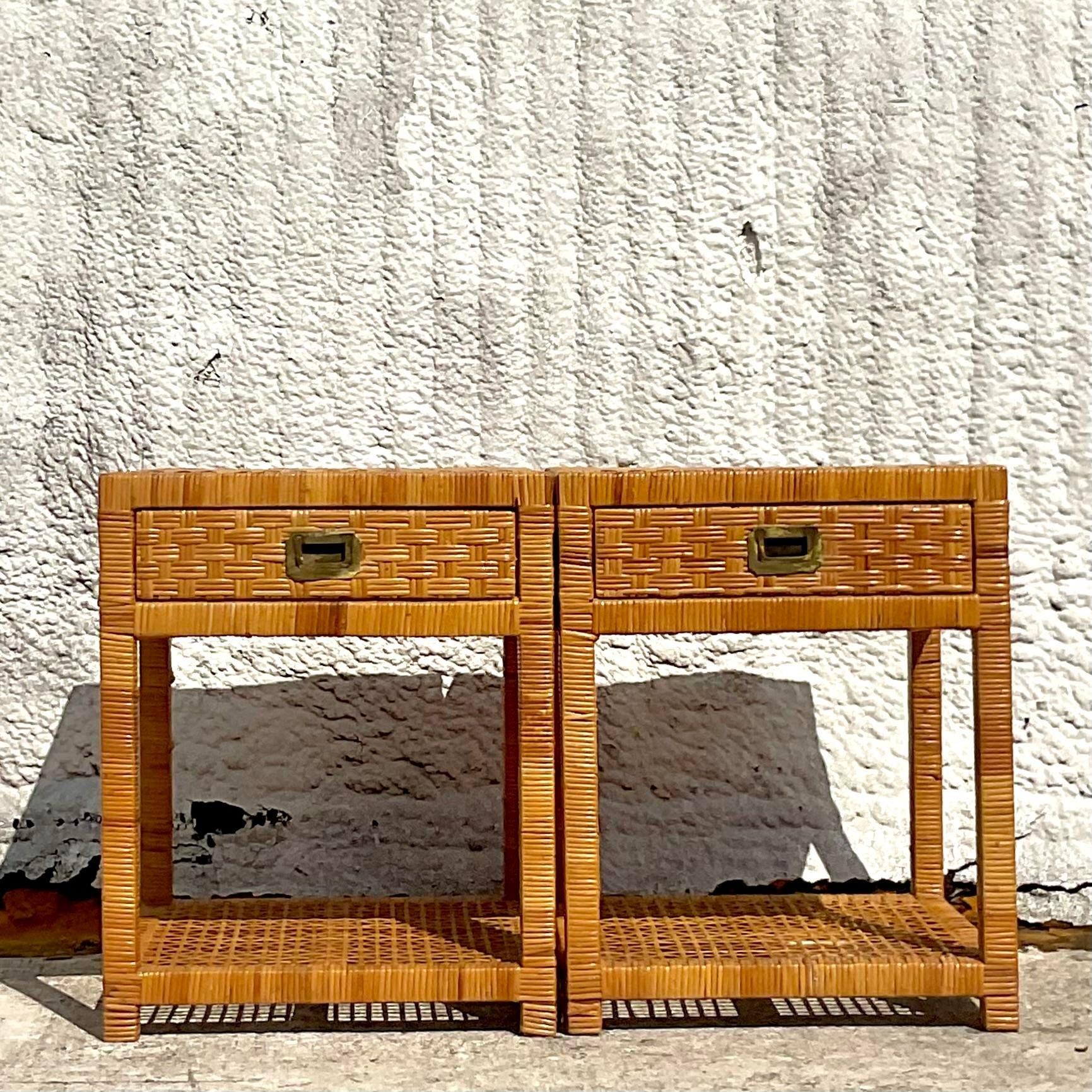 Late 20th Century Vintage Coastal Woven Rattan Nughtstands - a Pair For Sale 3