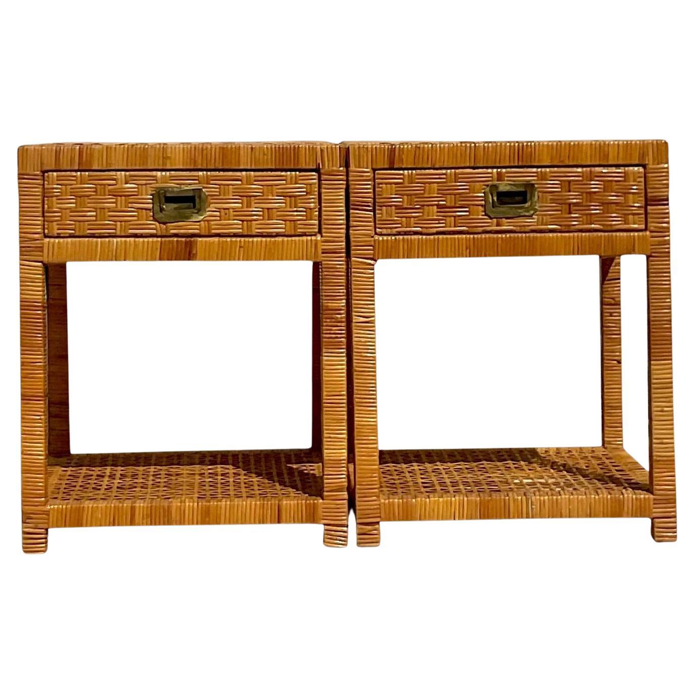 Late 20th Century Vintage Coastal Woven Rattan Nightstands - a Pair For Sale