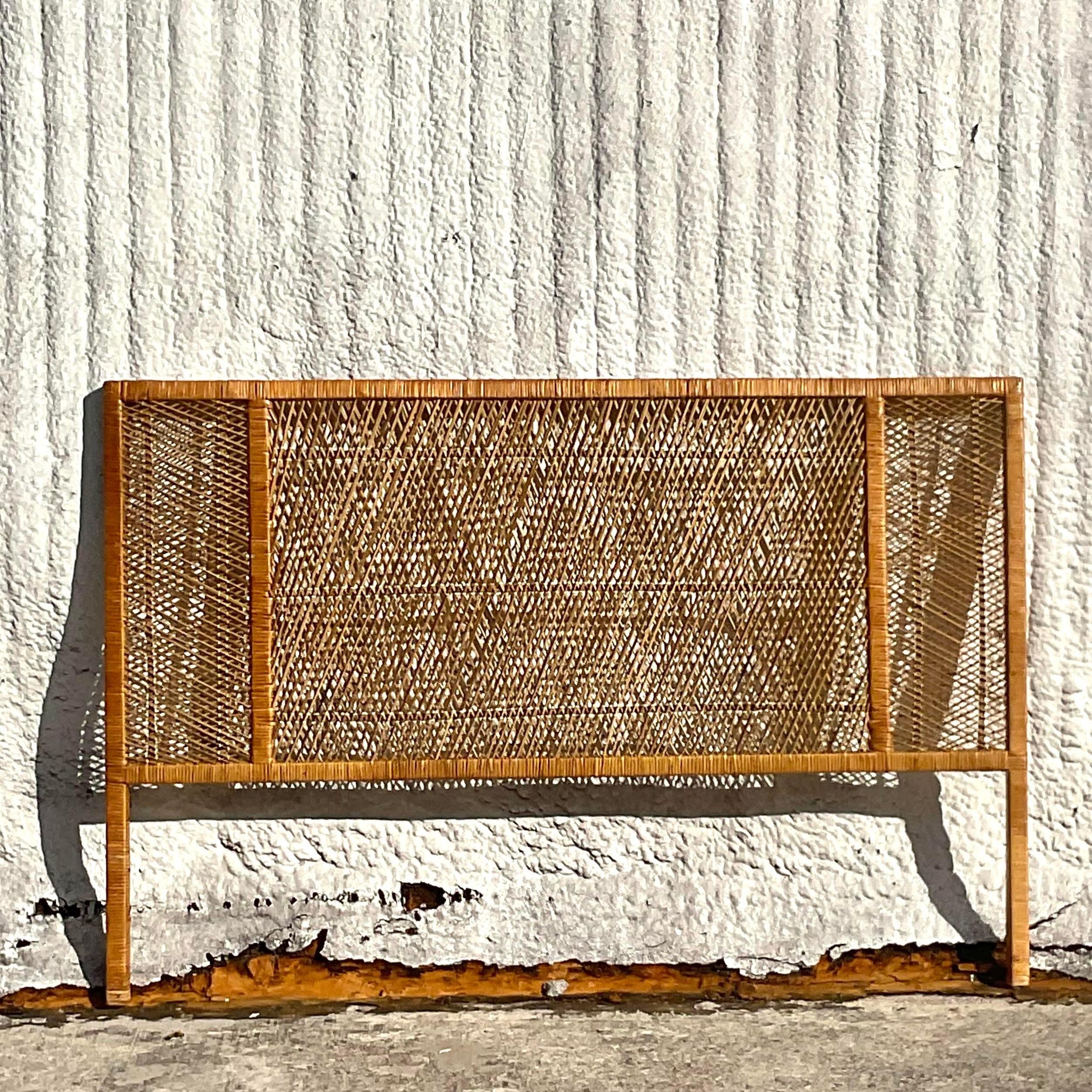 Philippine Late 20th Century Vintage Coastal Woven Rattan Queen Headboard For Sale