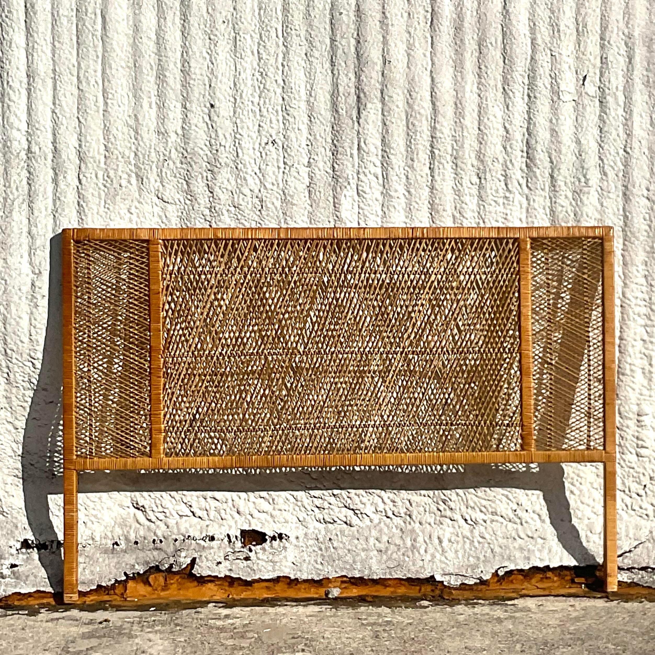 Late 20th Century Vintage Coastal Woven Rattan Queen Headboard For Sale 1