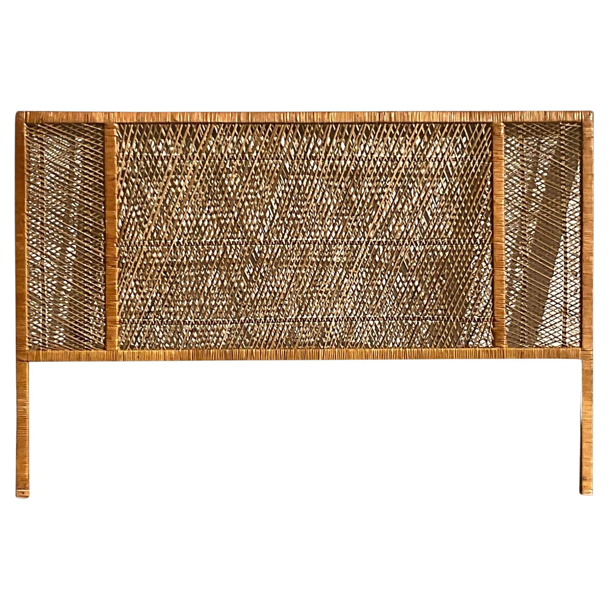 Late 20th Century Vintage Coastal Woven Rattan Queen Headboard For Sale