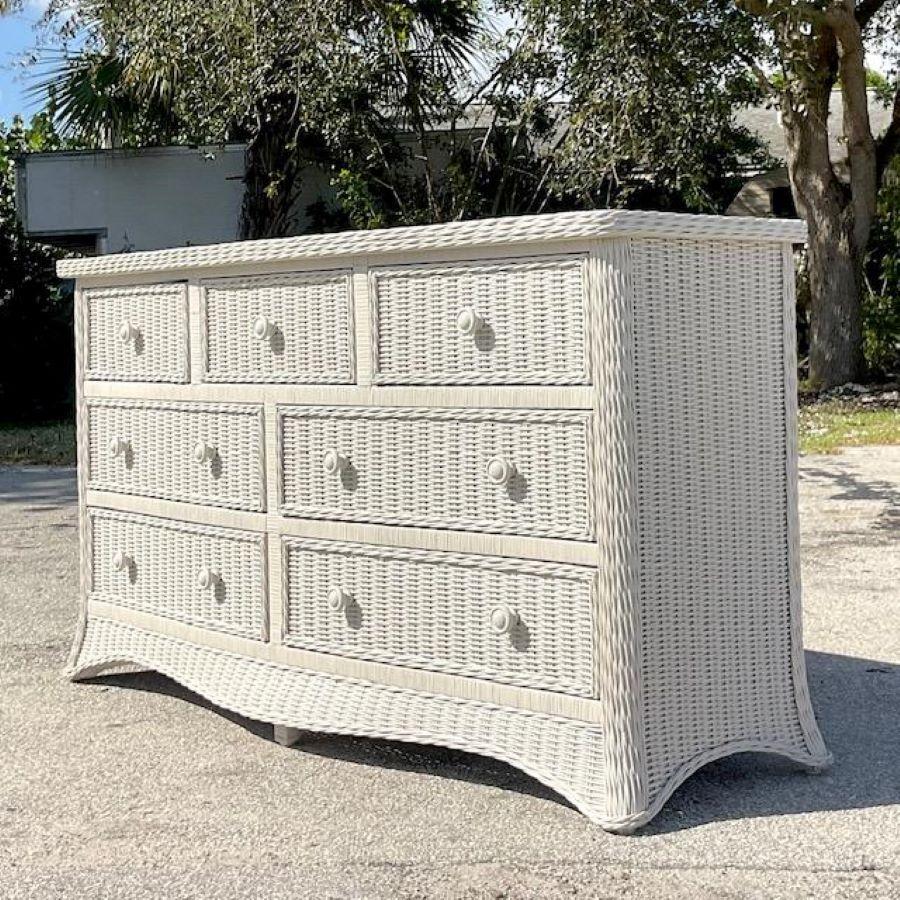 Late 20th Century Vintage Coastal Woven Rattan Roll Front Dresser In Good Condition In west palm beach, FL