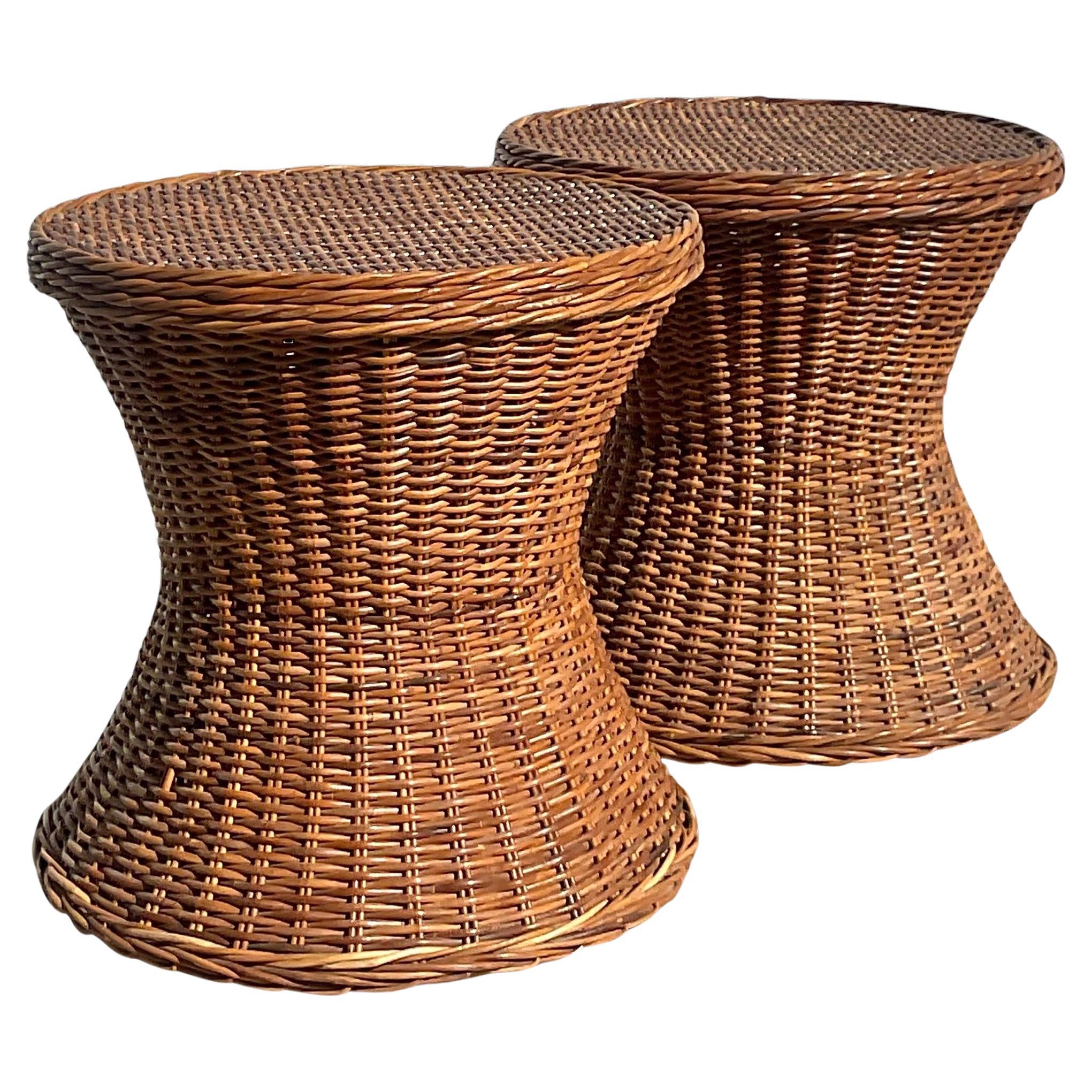 Late 20th Century Vintage Coastal Woven Rattan Side Tables - a Pair