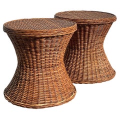 Late 20th Century Vintage Coastal Woven Rattan Side Tables - a Pair