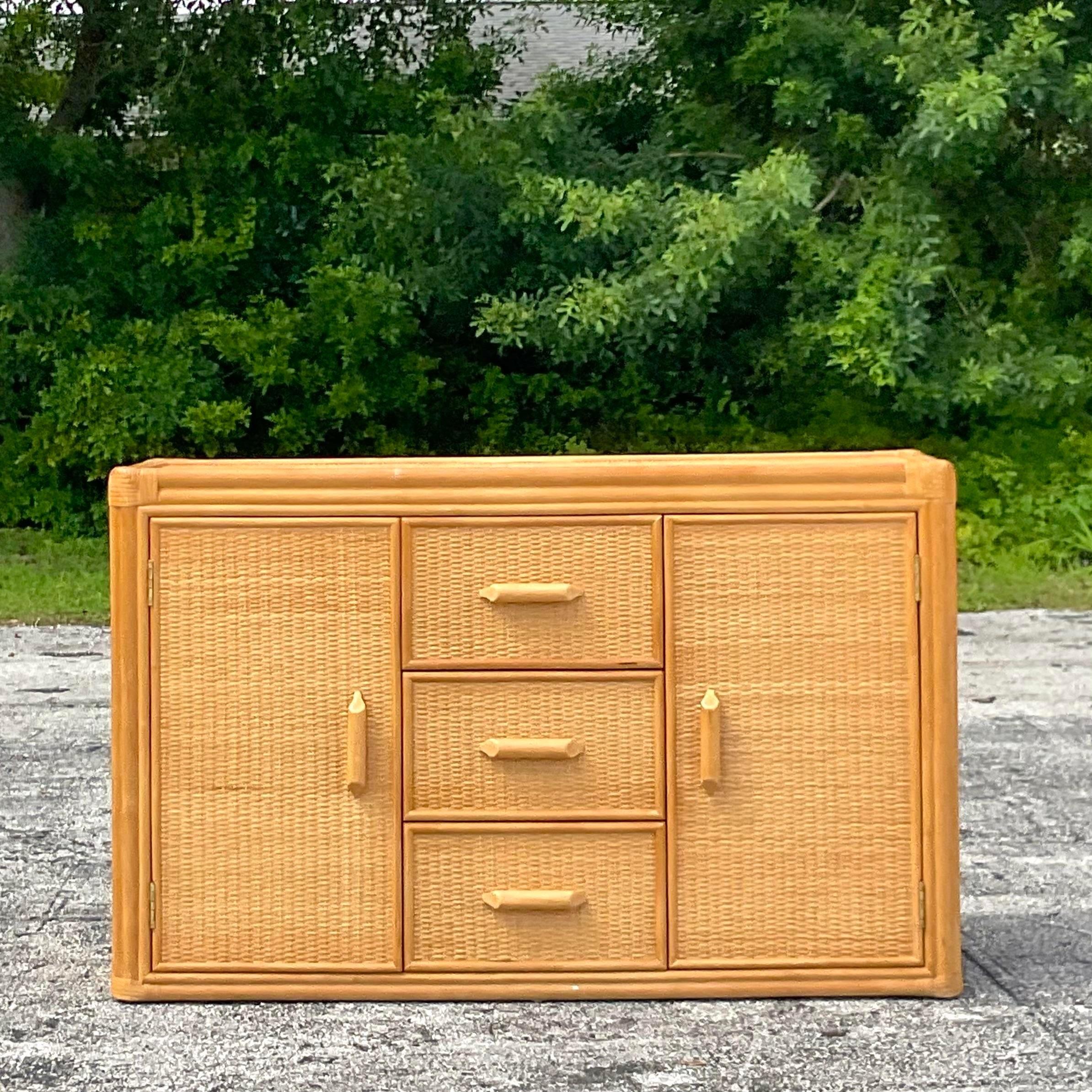 Late 20th Century Vintage Coastal Woven Rattan Sideboard In Good Condition For Sale In west palm beach, FL