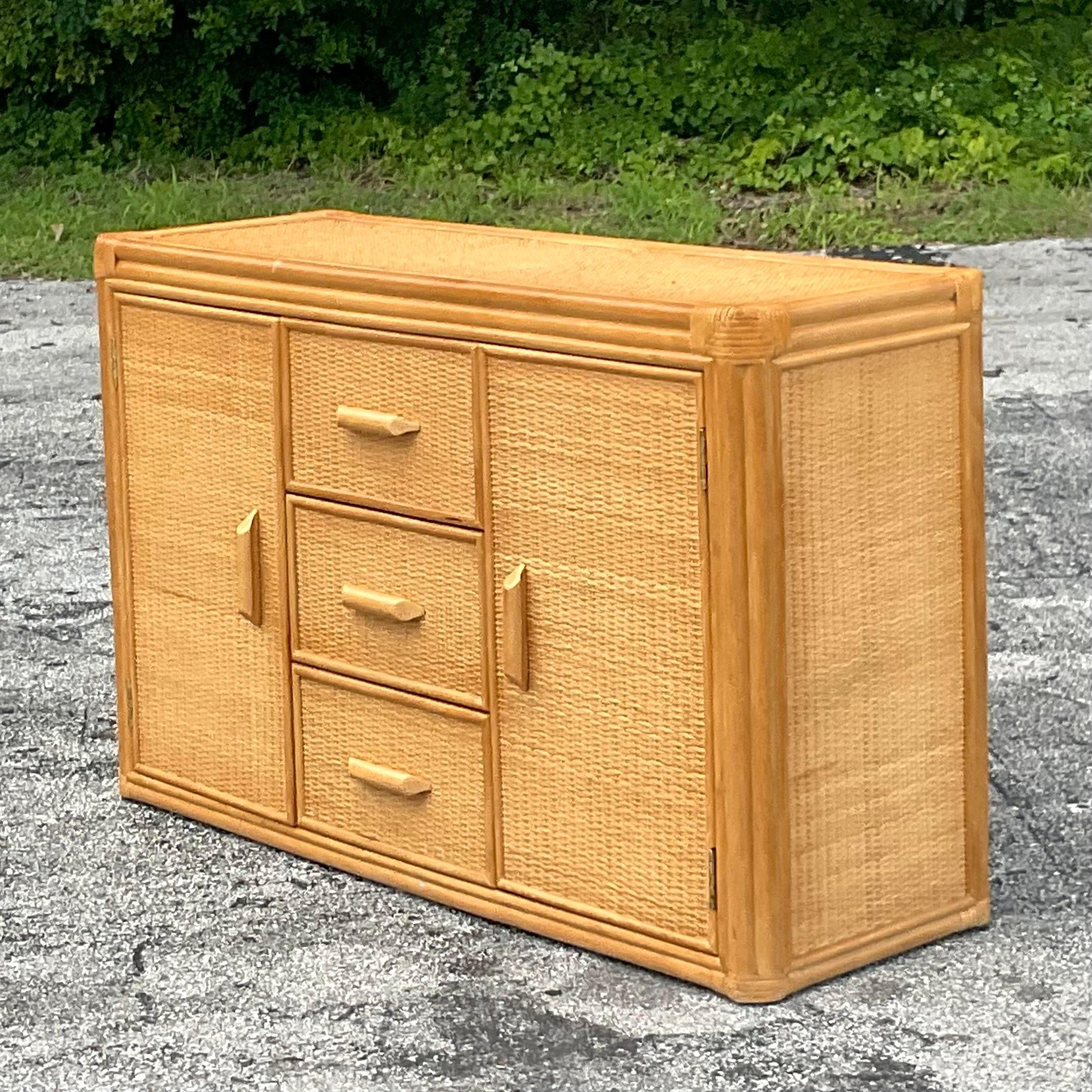 Late 20th Century Vintage Coastal Woven Rattan Sideboard For Sale 1