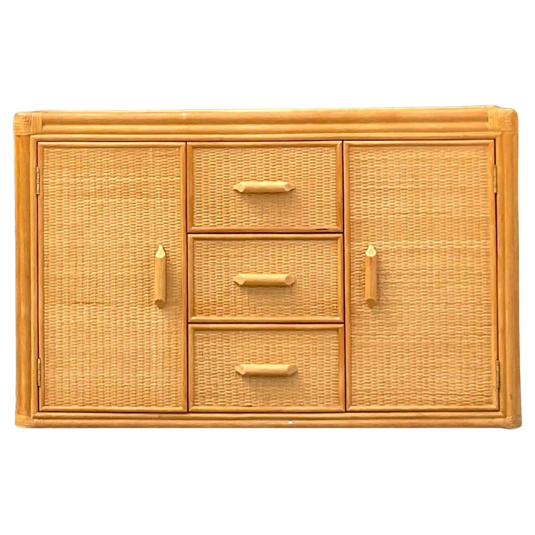 Late 20th Century Vintage Coastal Woven Rattan Sideboard For Sale