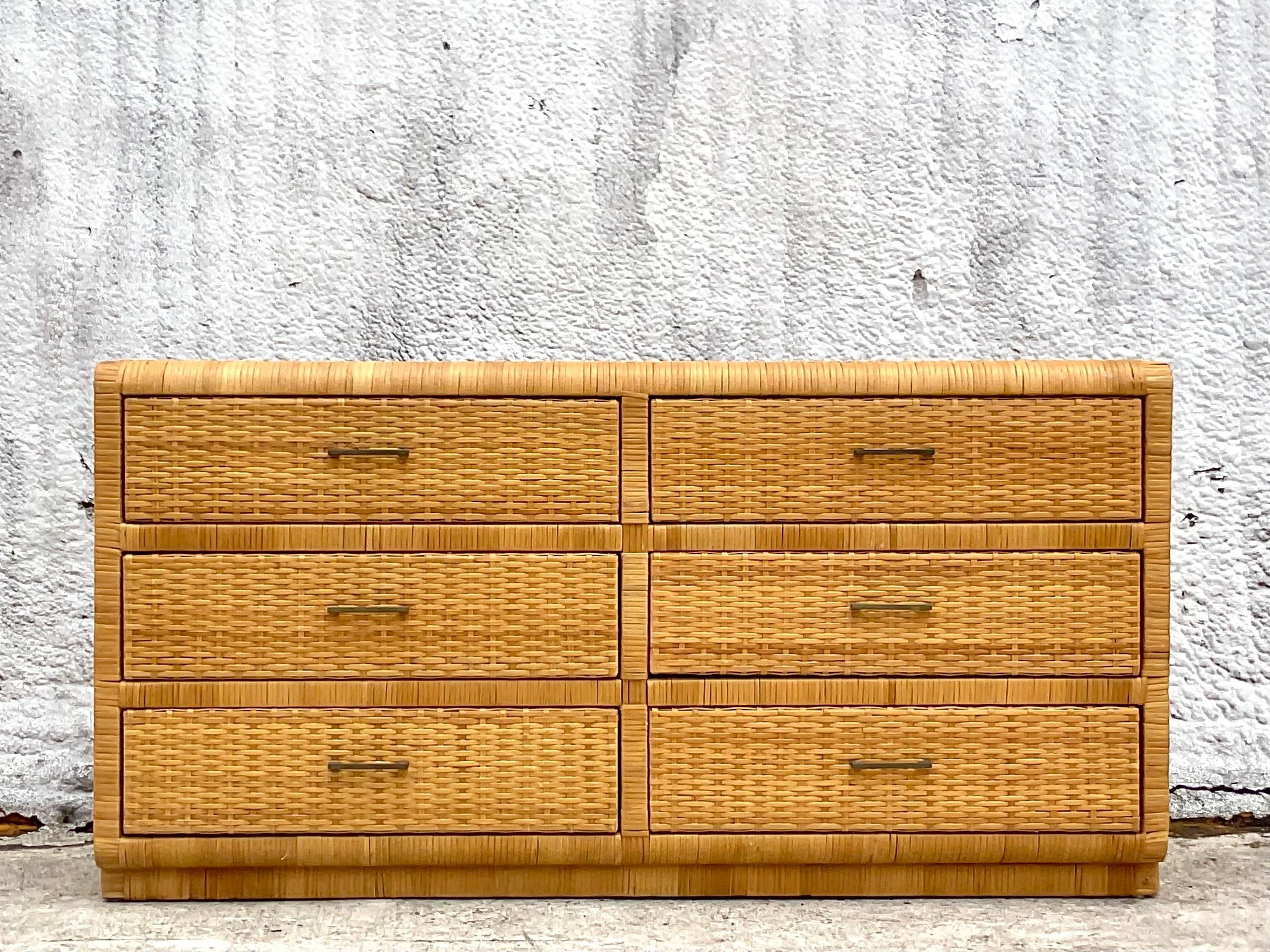Philippine Late 20th Century Vintage Coastal Wrapped Rattan 6 Drawer Dresser For Sale