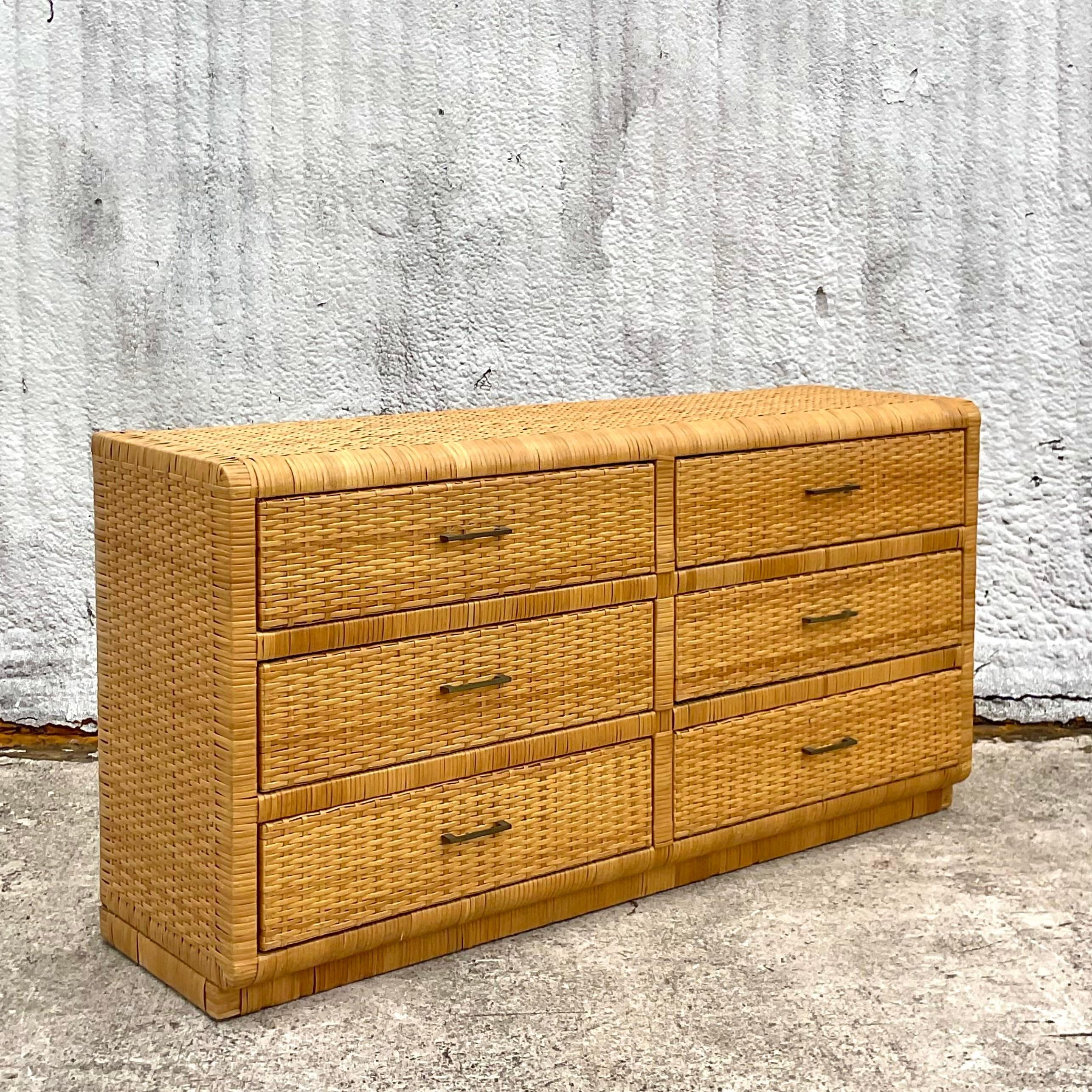 Late 20th Century Vintage Coastal Wrapped Rattan 6 Drawer Dresser In Good Condition For Sale In west palm beach, FL
