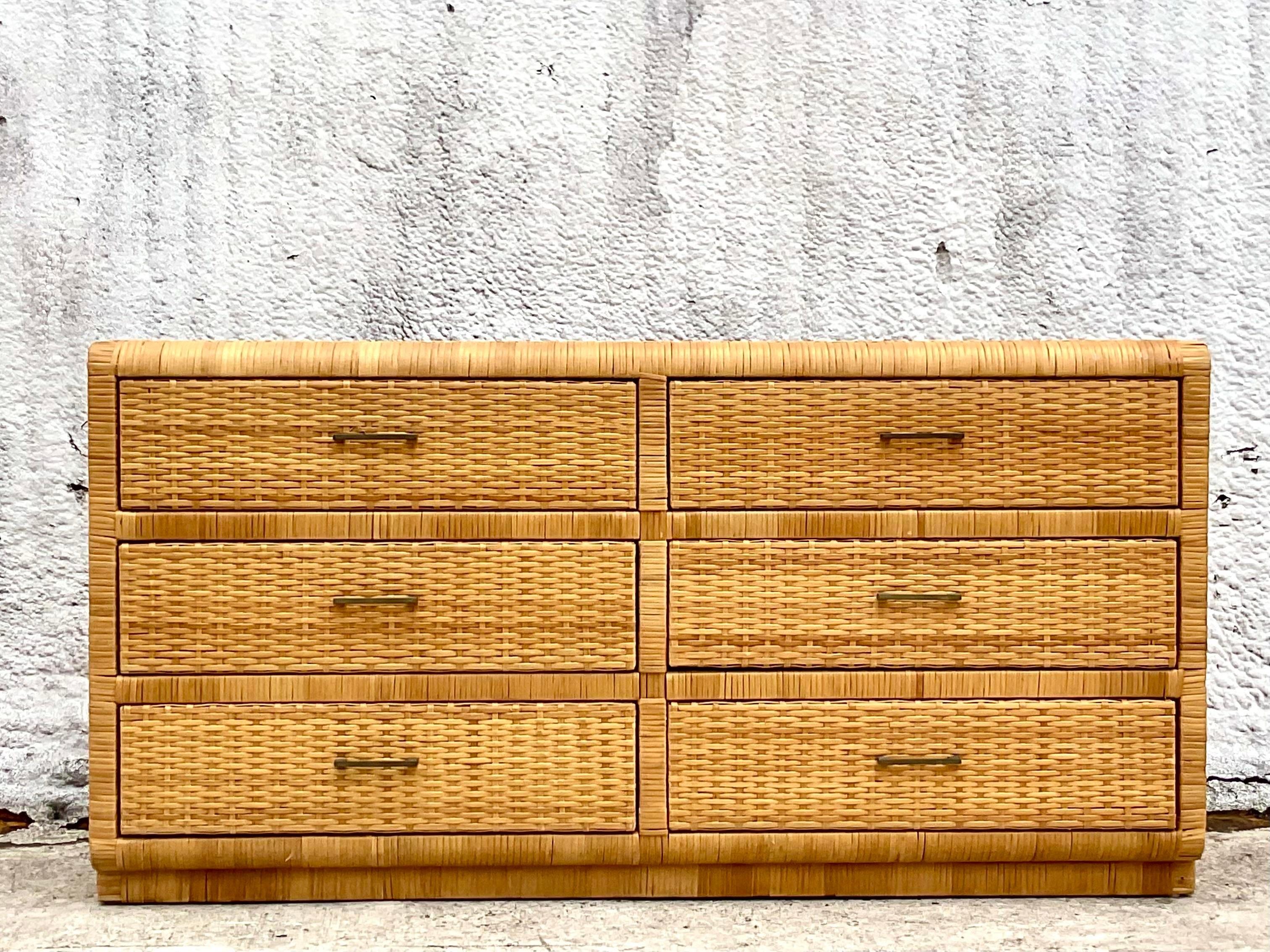 Late 20th Century Vintage Coastal Wrapped Rattan 6 Drawer Dresser For Sale 1
