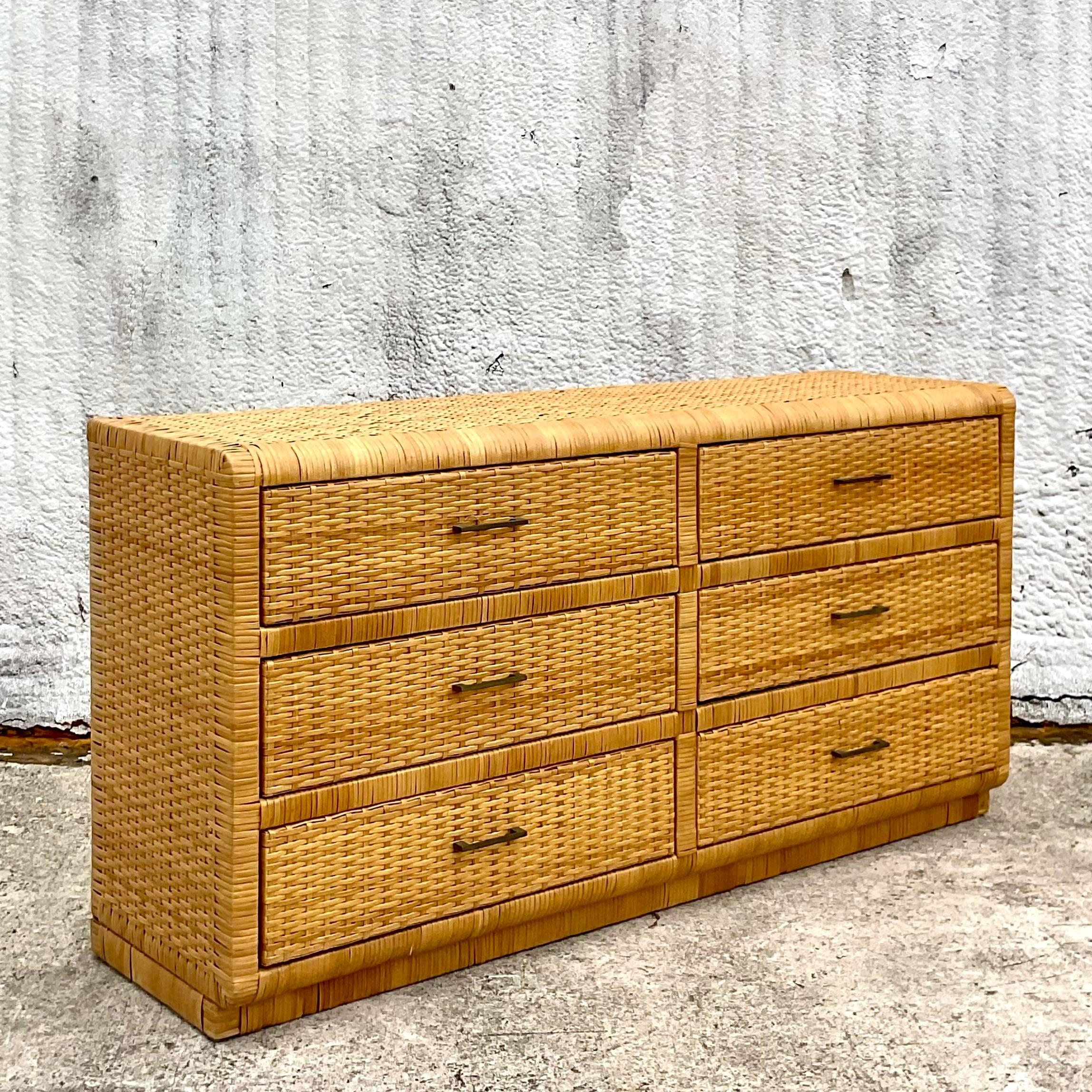 Late 20th Century Vintage Coastal Wrapped Rattan 6 Drawer Dresser For Sale 2