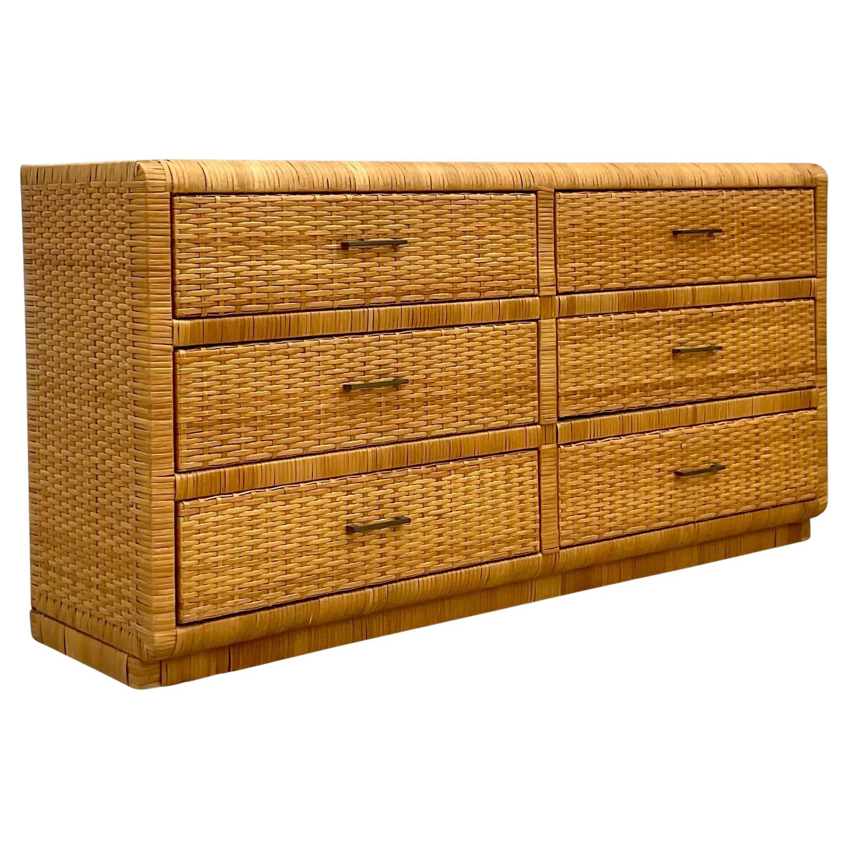 Late 20th Century Vintage Coastal Wrapped Rattan 6 Drawer Dresser For Sale
