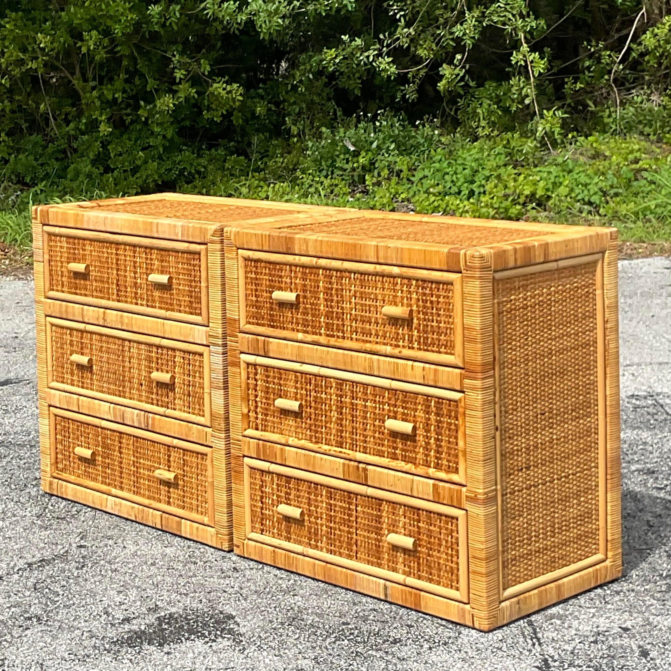 Philippine Late 20th Century Vintage Coastal Wrapped Rattan Chest of Drawers - a Pair