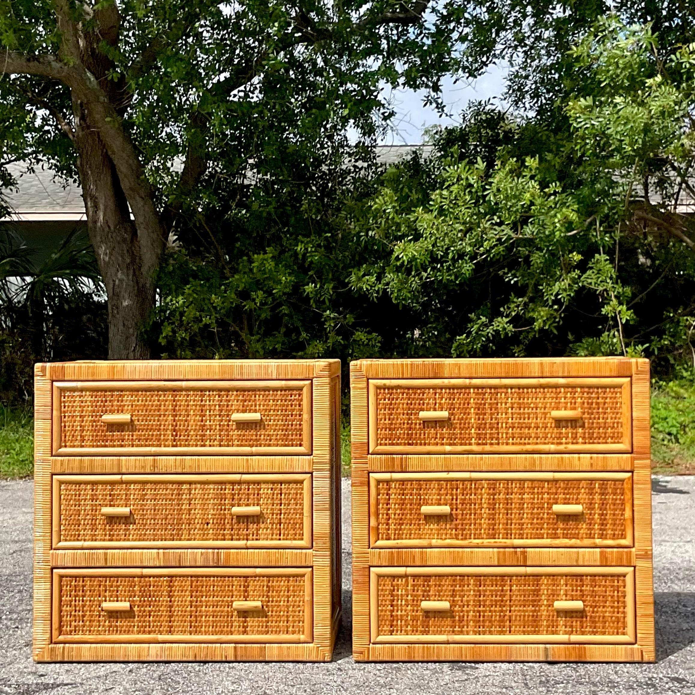 Late 20th Century Vintage Coastal Wrapped Rattan Chest of Drawers - a Pair In Good Condition In west palm beach, FL